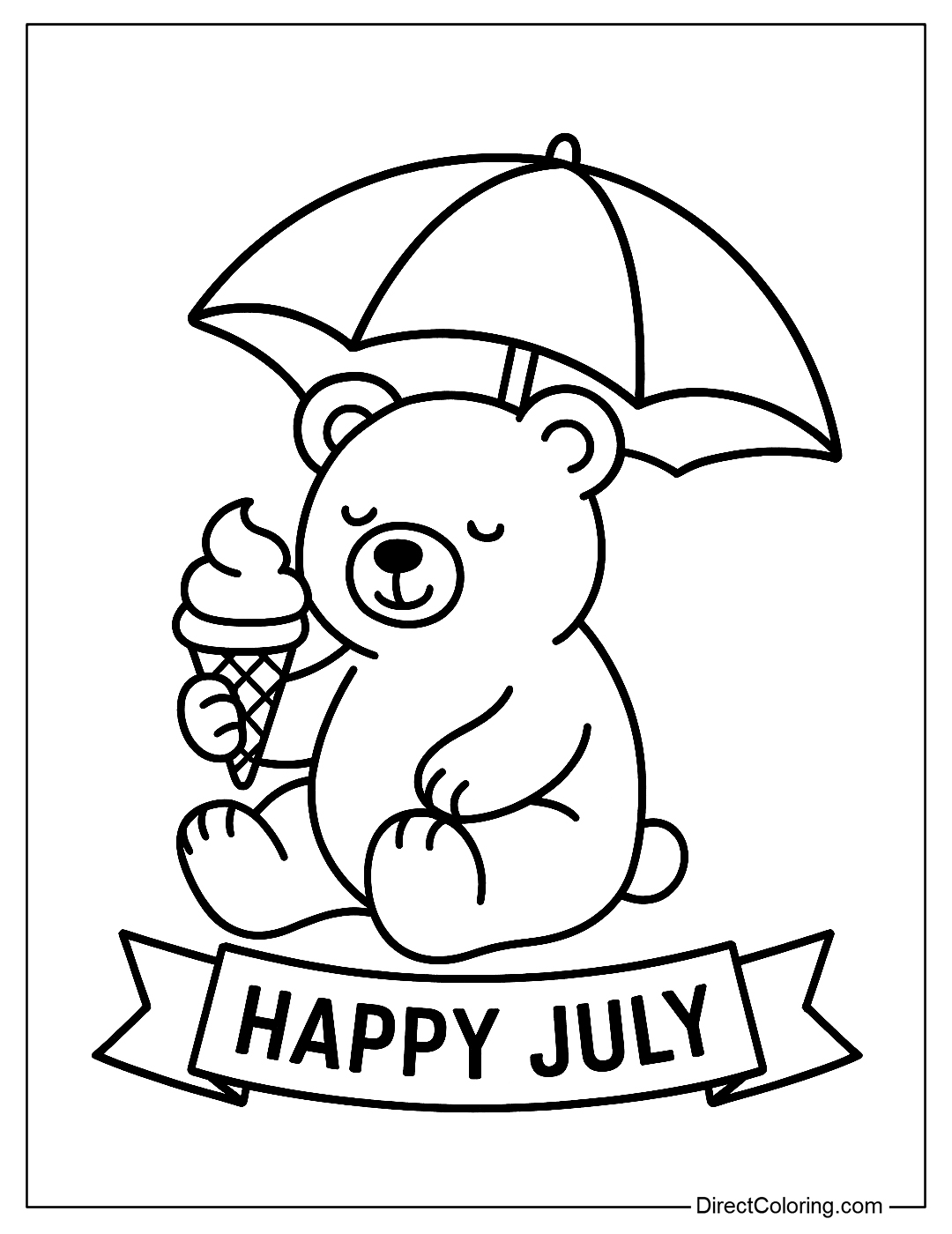 A coloring page of a bear eating ice cream in the shade with a banner 