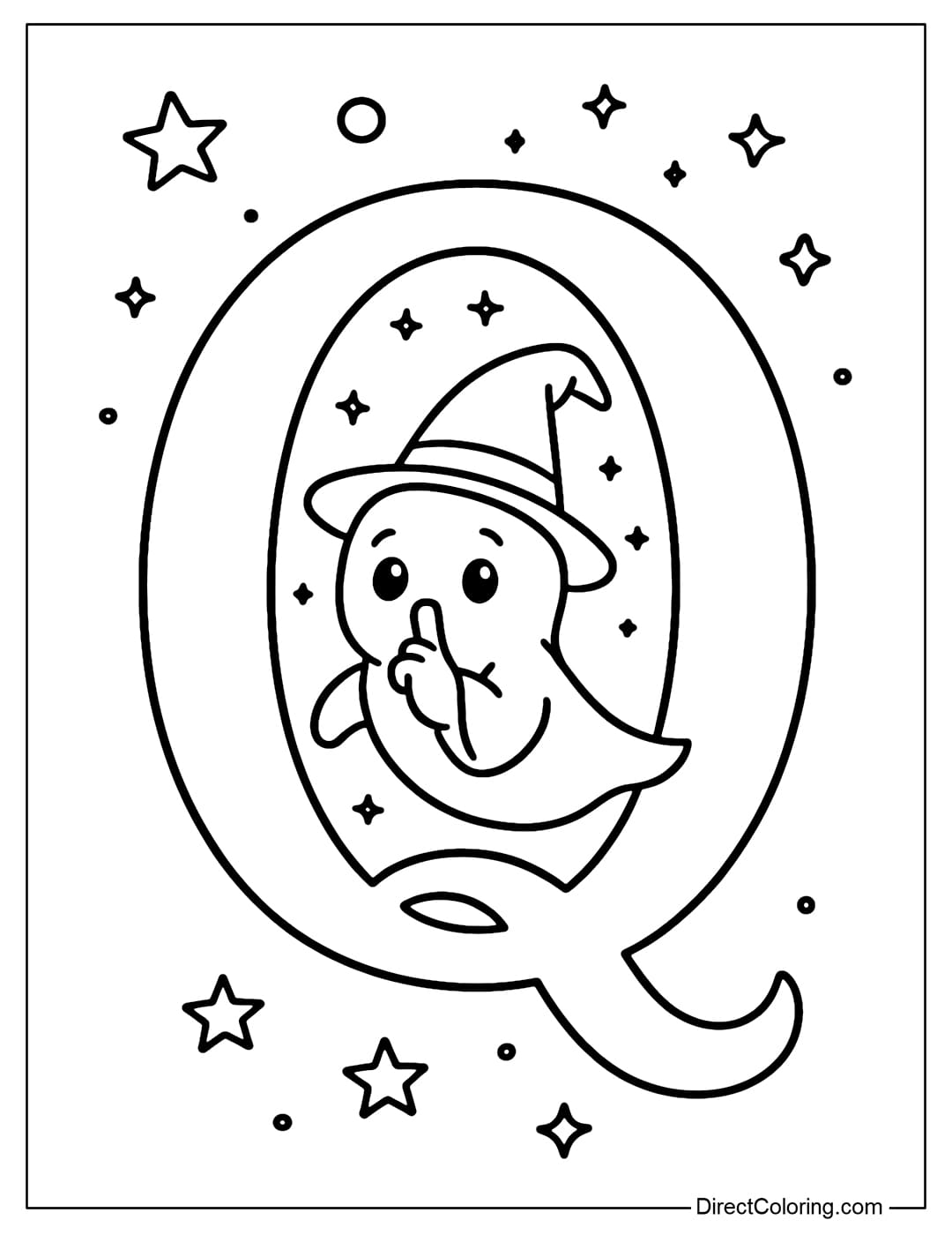 A letter Q coloring page with a small ghost hovering, mouthing “shhh” to signal silence.