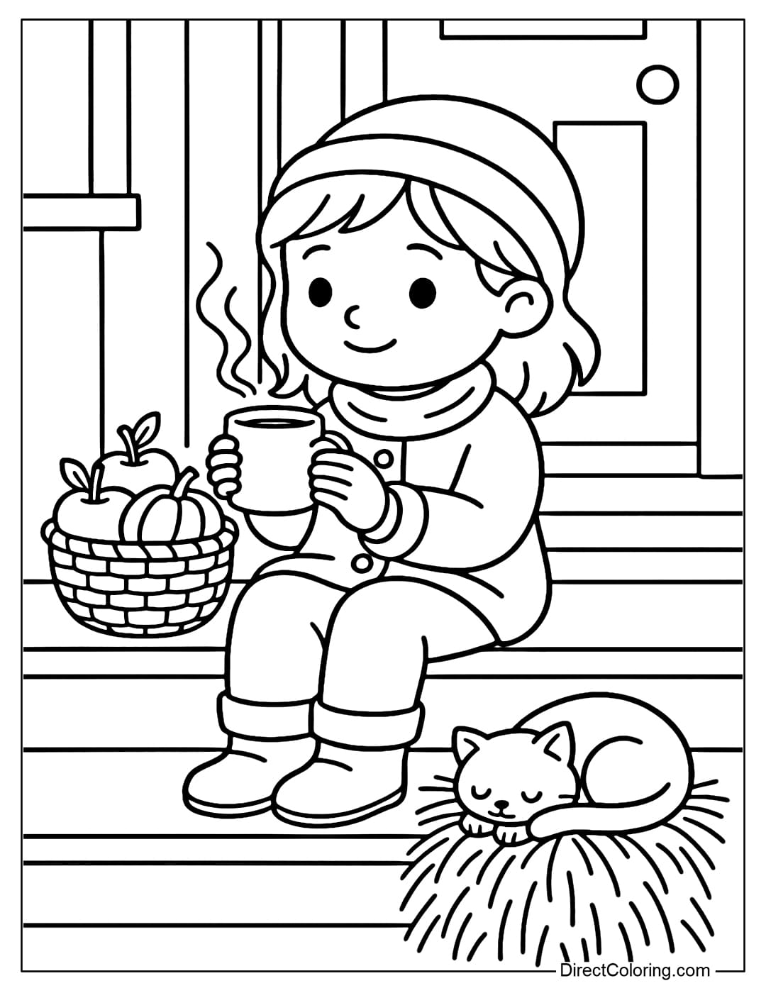 A little girl sitting on the wooden steps in front of the porch, next to a basket of apples and pumpkins, holding a cup of hot tea, and a kitten curled up sleeping on a pile of straw.