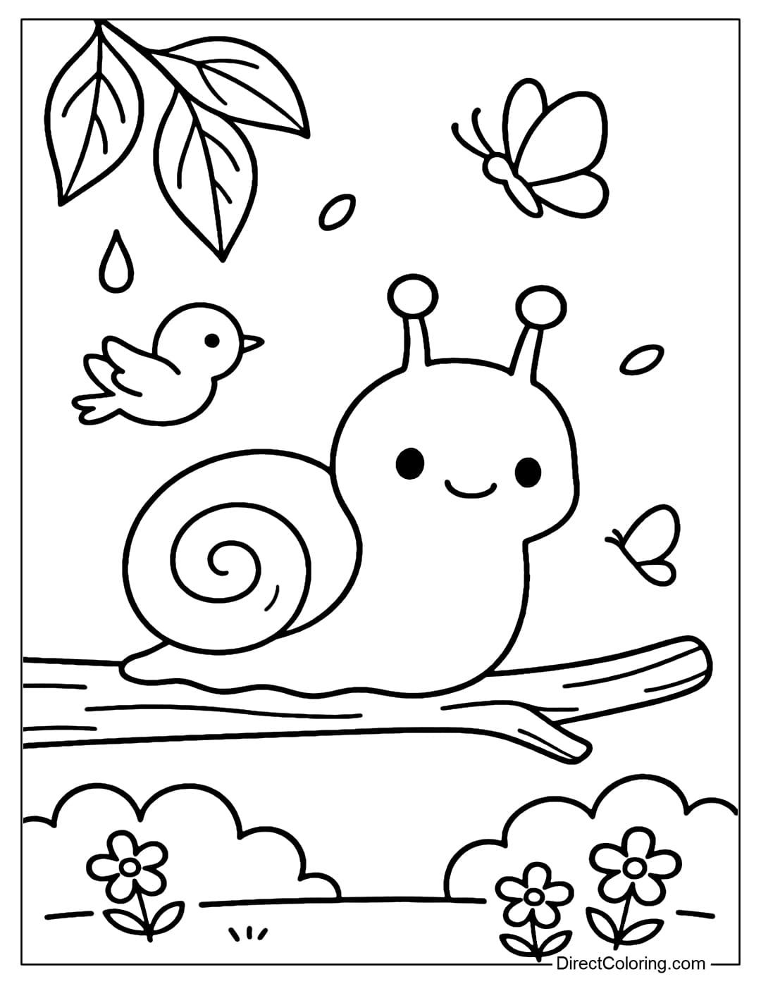 A cute snail coloring page crawling slowly on a tree branch, surrounded by small birds and butterflies.