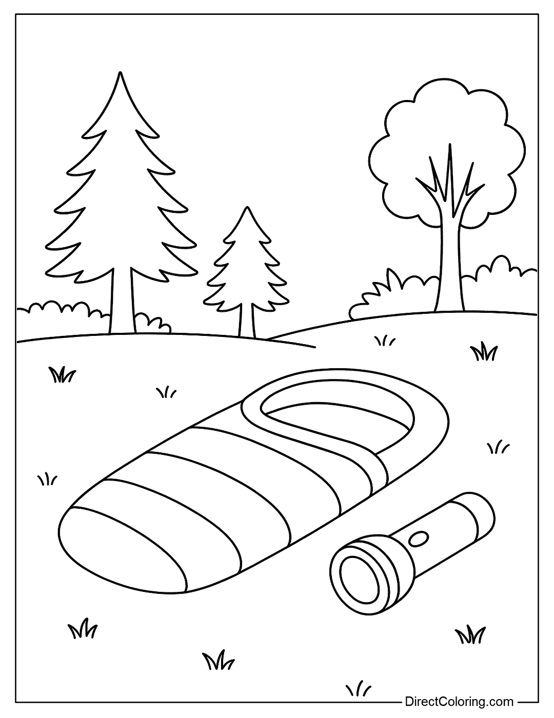 a sleeping bag coloring page with an open flashlight next to it in a forest setting.