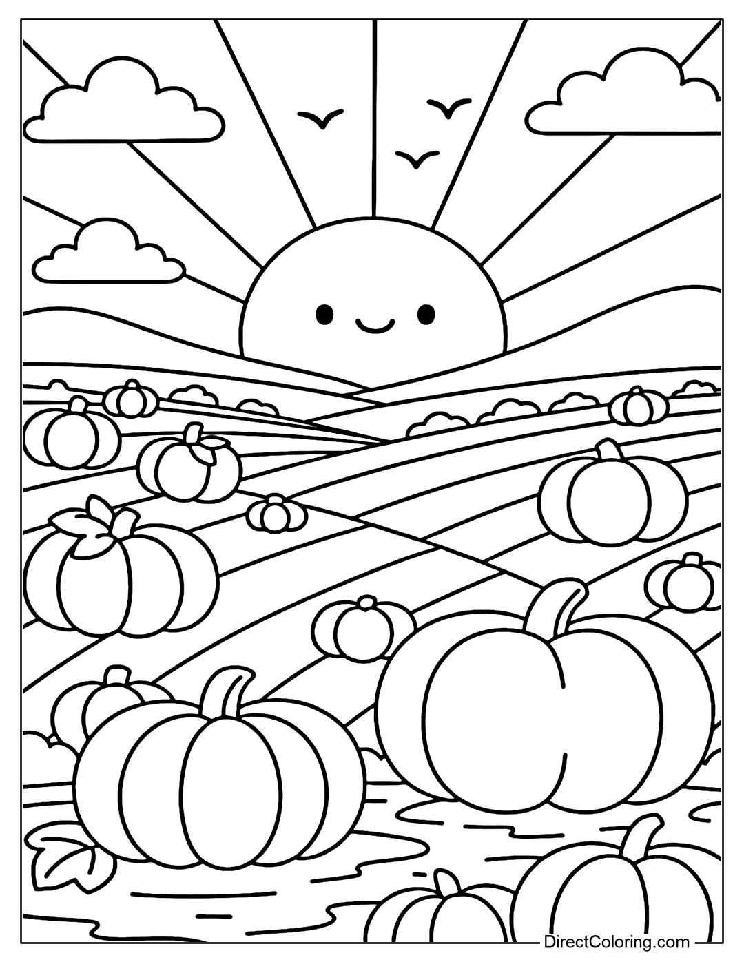 A pumpkin valley coloring page stretching out under the sunset, the endless fields connecting to the horizon, flocks of birds flying in the distance.