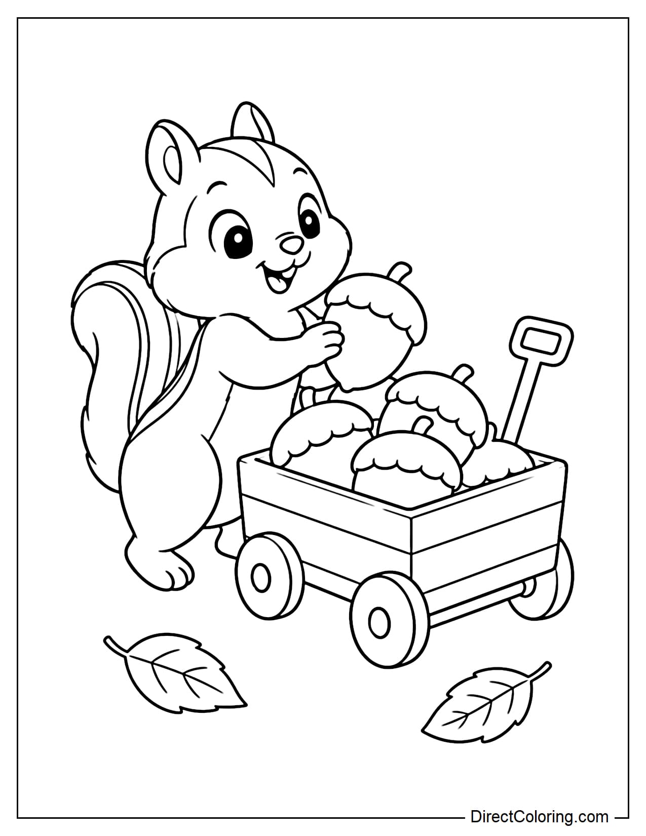A chipmunk standing beside a small four-wheeled cart filled with four large acorns, using both paws to place another acorn into the cart.