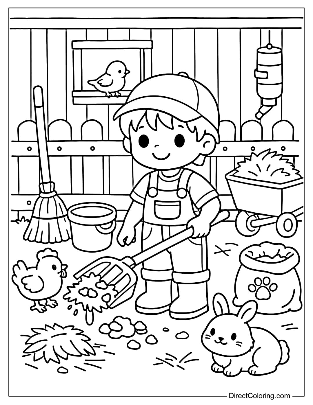 Coloring page of a boy cleaning the barn with simple farm tools.