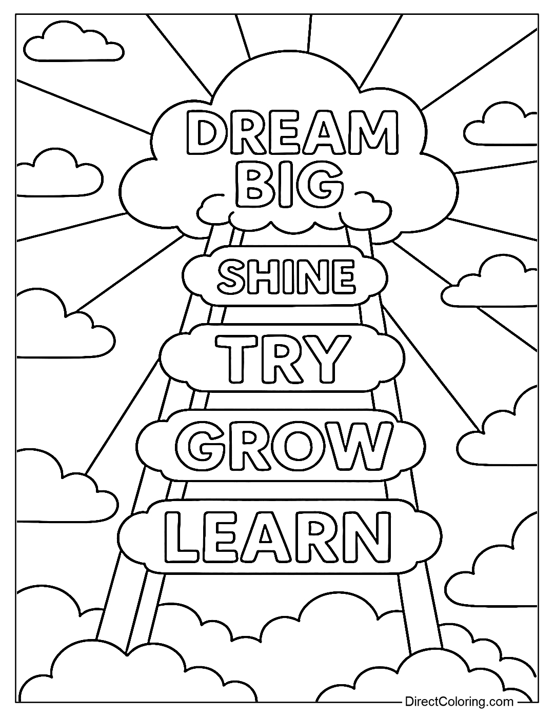 Cloud staircase coloring page, each step is the word: 