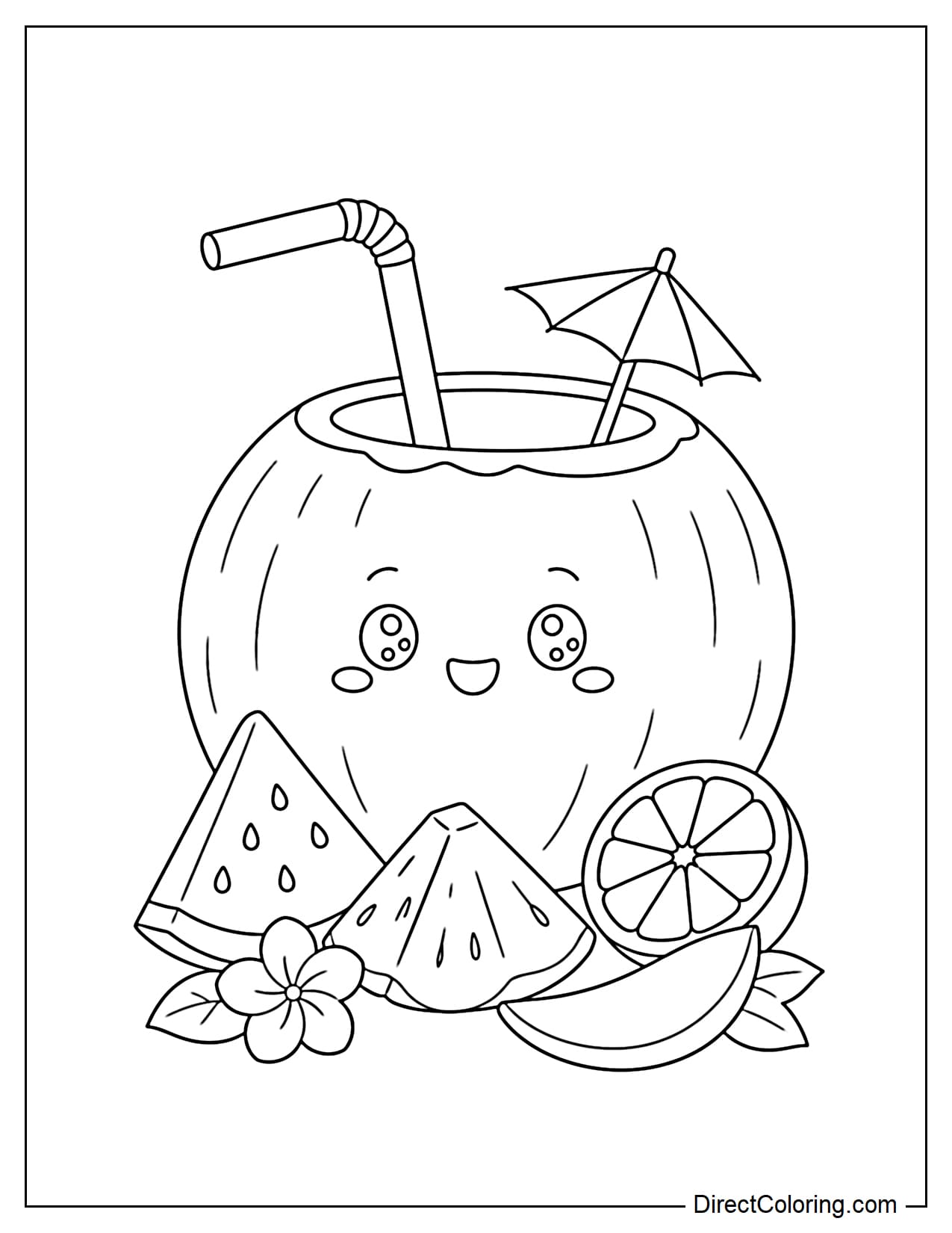 A giant coconut with a straw and a small paper umbrella, with a few slices of cute tropical fruit underneath.