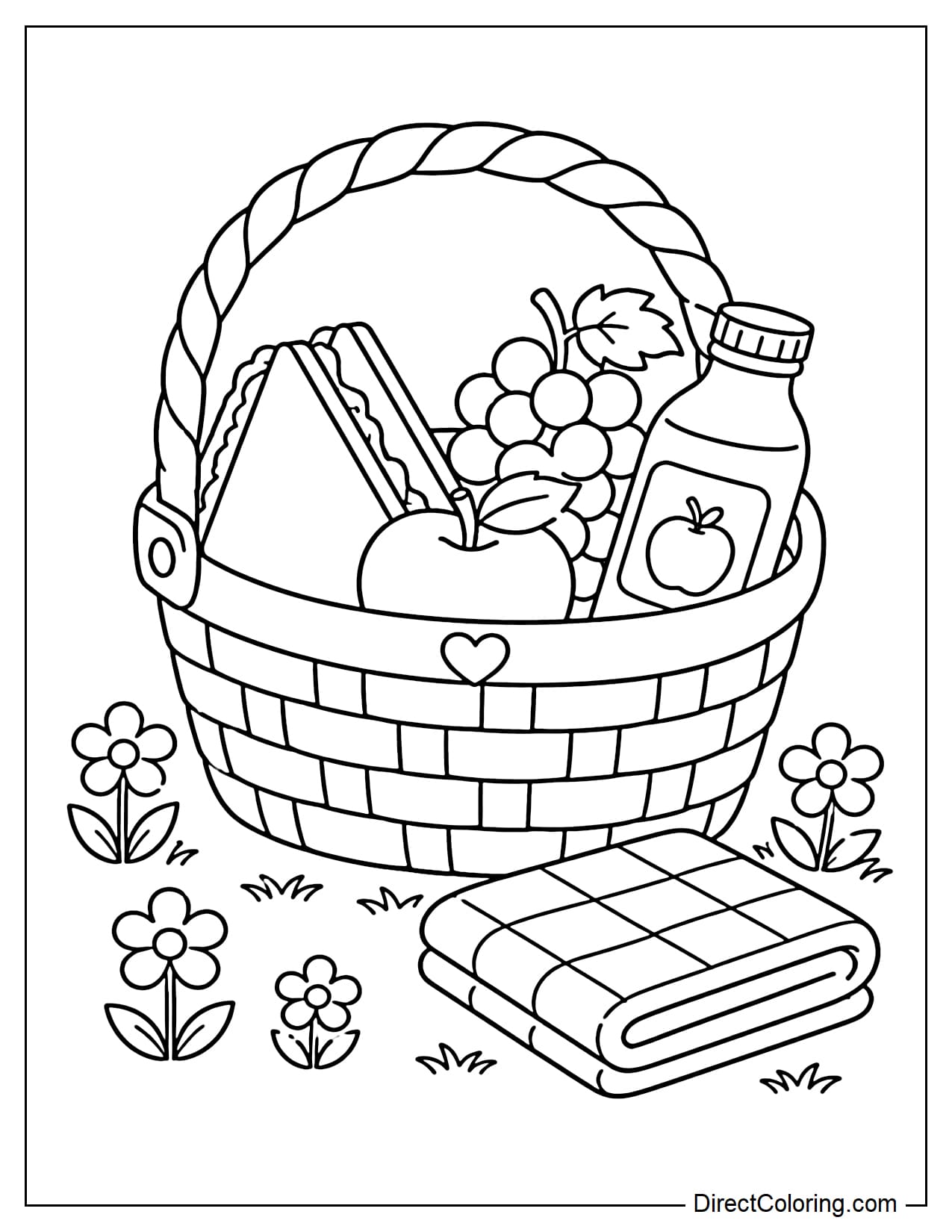 A simple woven picnic basket placed on the grass, containing a sandwich, apples, grapes, and a bottle of juice, alongside a neatly folded picnic towel and a few small flowers.