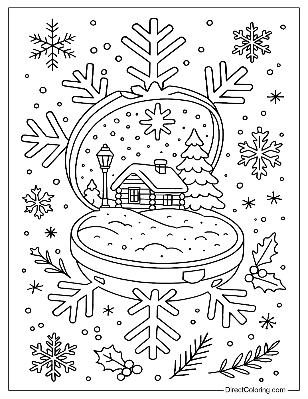 a snowflake compact color page that opens to a snowy night scene with a wooden house, a pine tree, and yellow lamps