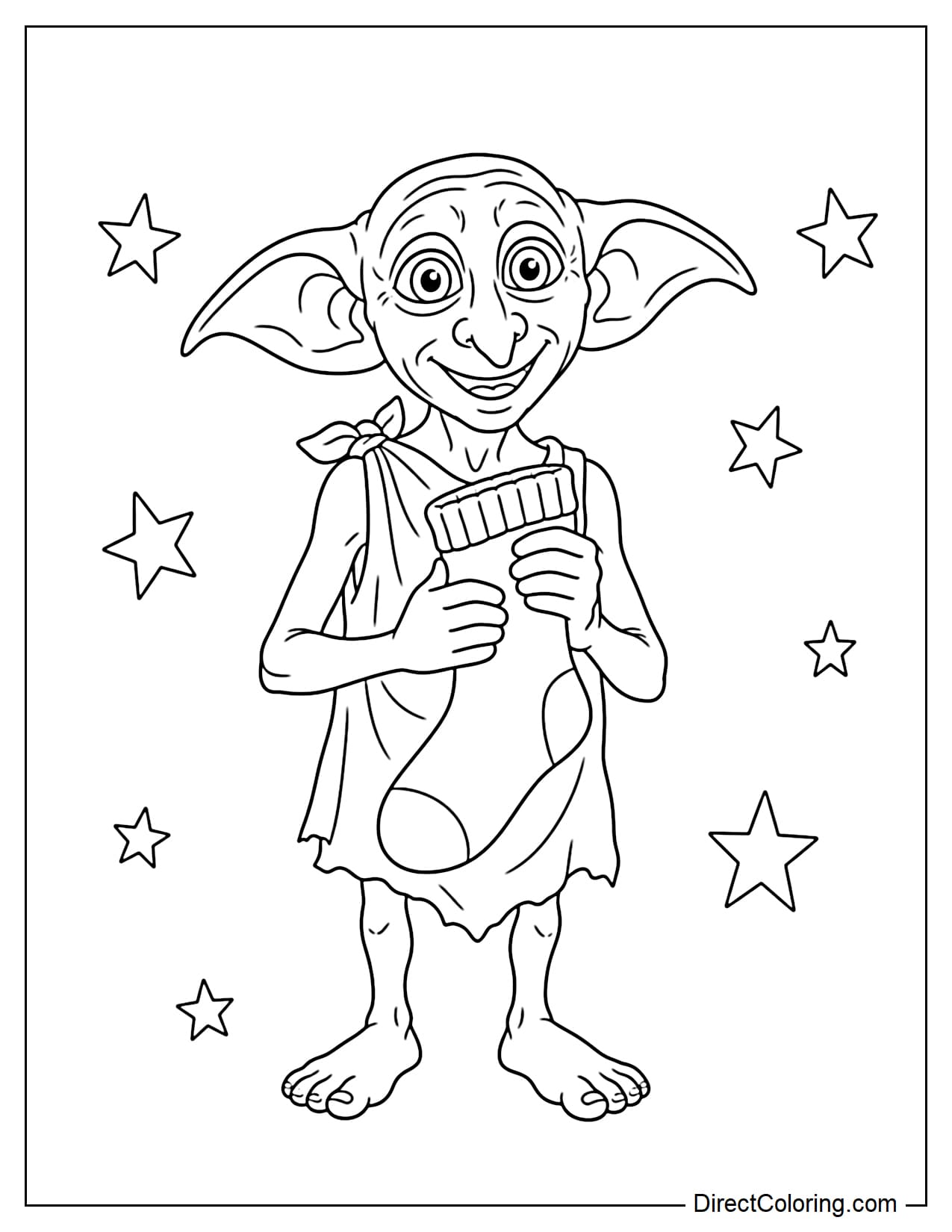 Dobby is standing happily with his long ears spread out to both sides, holding a large sock against his chest with both hands and smiling joyfully.