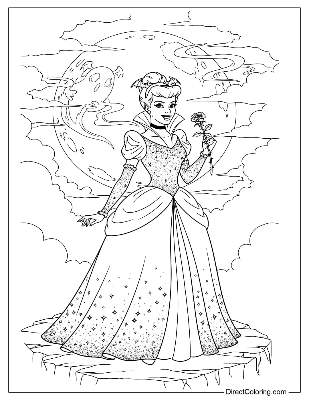 Cinderella coloring page transforming into a vampire, wearing a sparkling dress, standing in front of the magical moonlit sky.