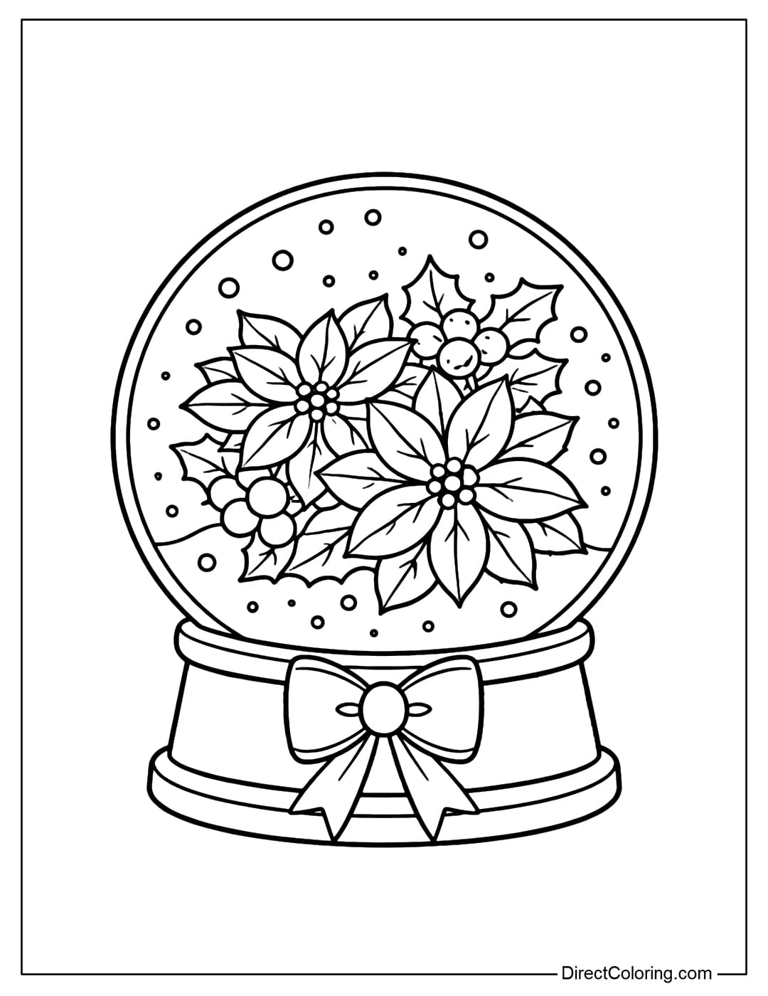 A coloring page featuring a round snow globe with a bouquet of vibrant poinsettia flowers, along with some holly leaves and snowflakes inside.
