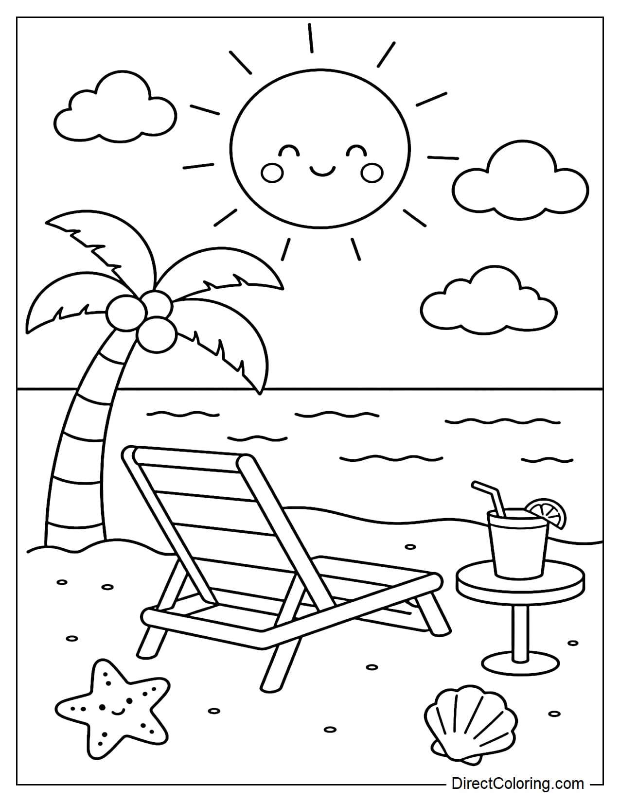 A beach chair facing the sea, with a large sun and a few simple clouds above, a coconut tree and a glass of cool water beside it.