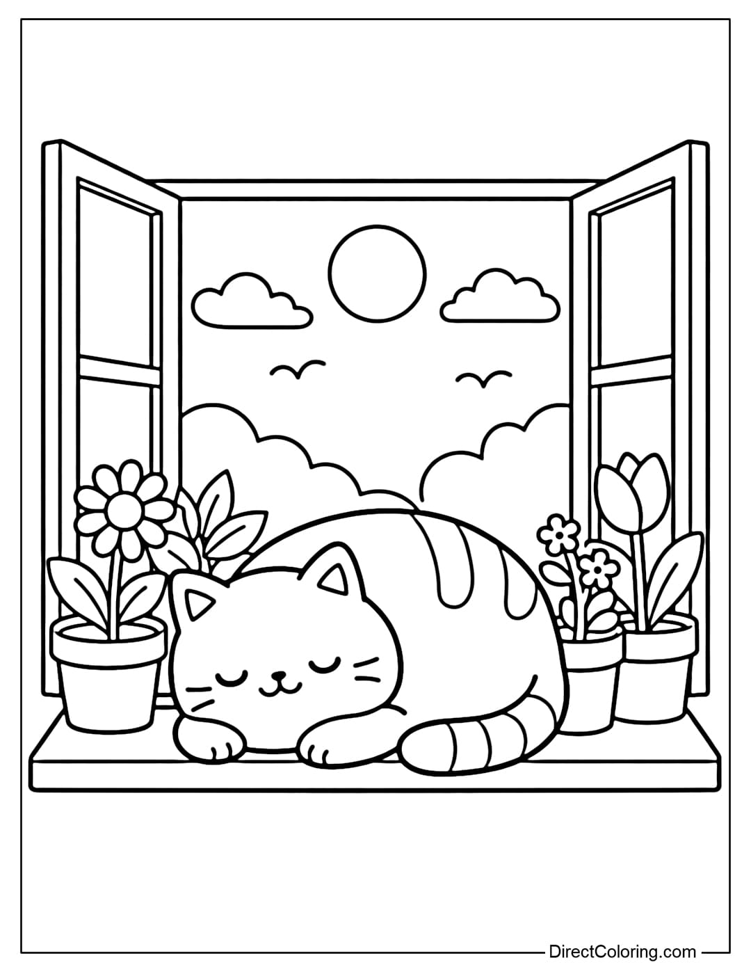 A coloring page for a cute round cat lying on a windowsill among spring potted plants.