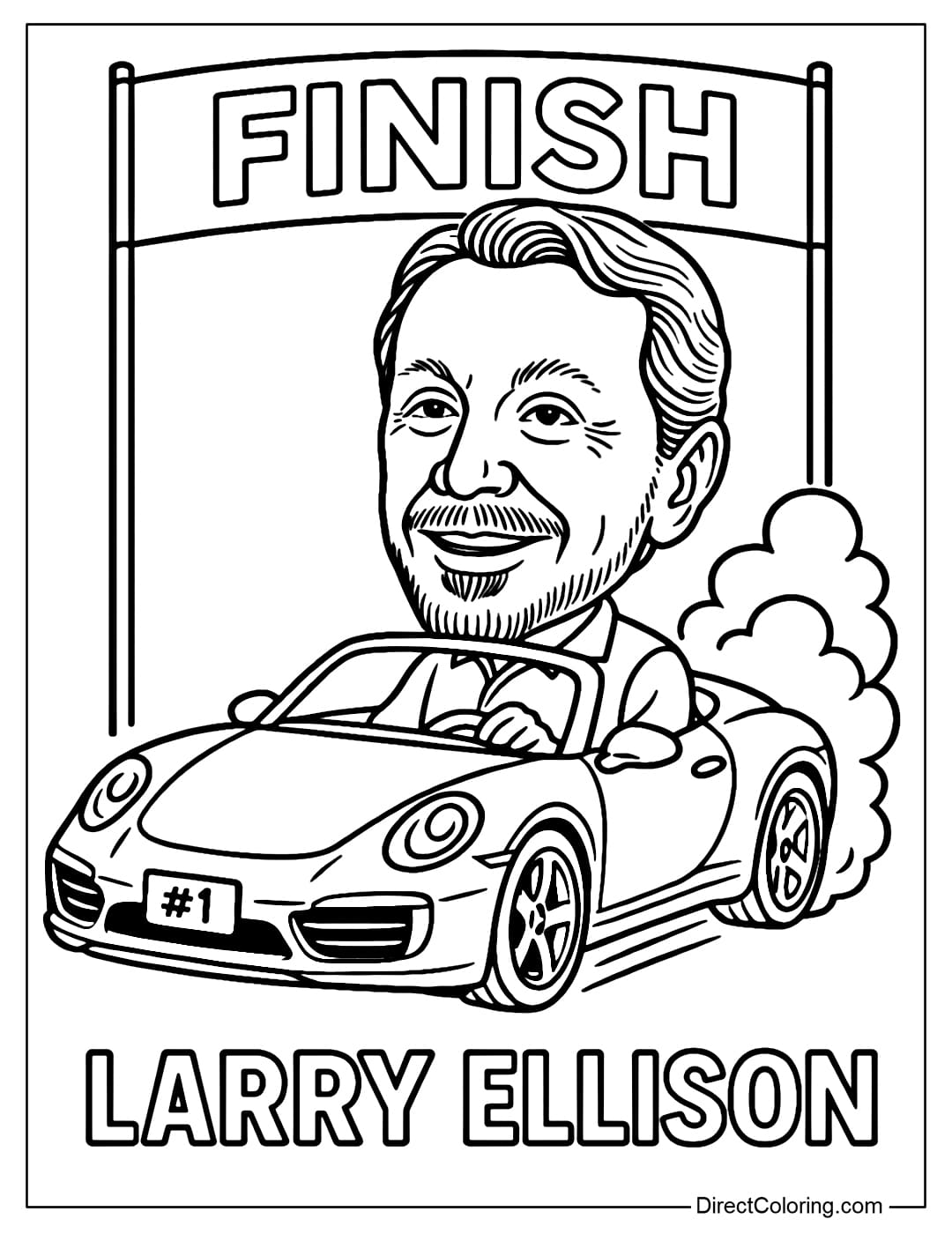Larry Ellison Racing Ahead Coloring Page Coloring page of Larry Ellison driving a sports car to the finish line with the license plate
