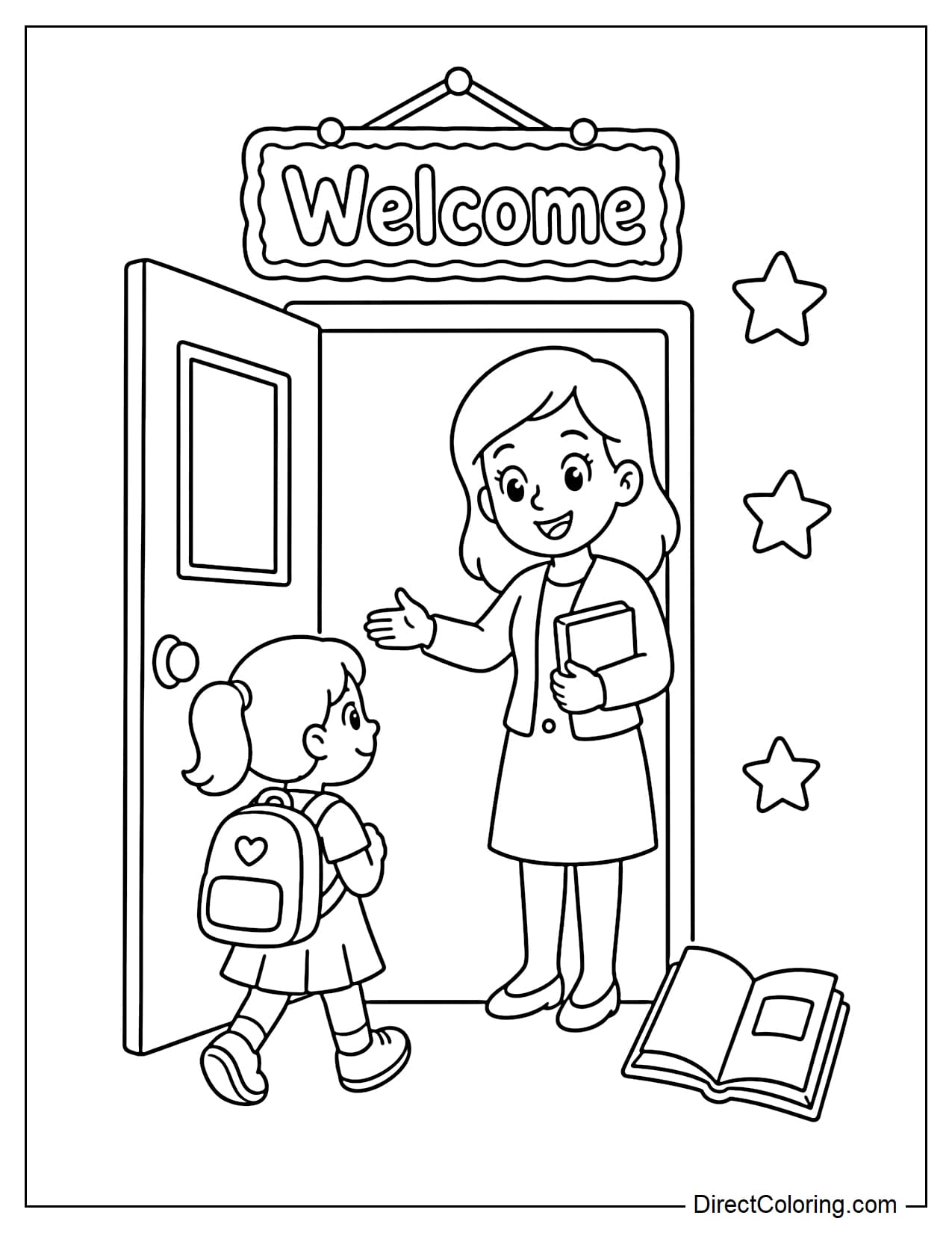 A smiling teacher stands at the classroom door, welcoming a little student with a backpack. Above the door is a 