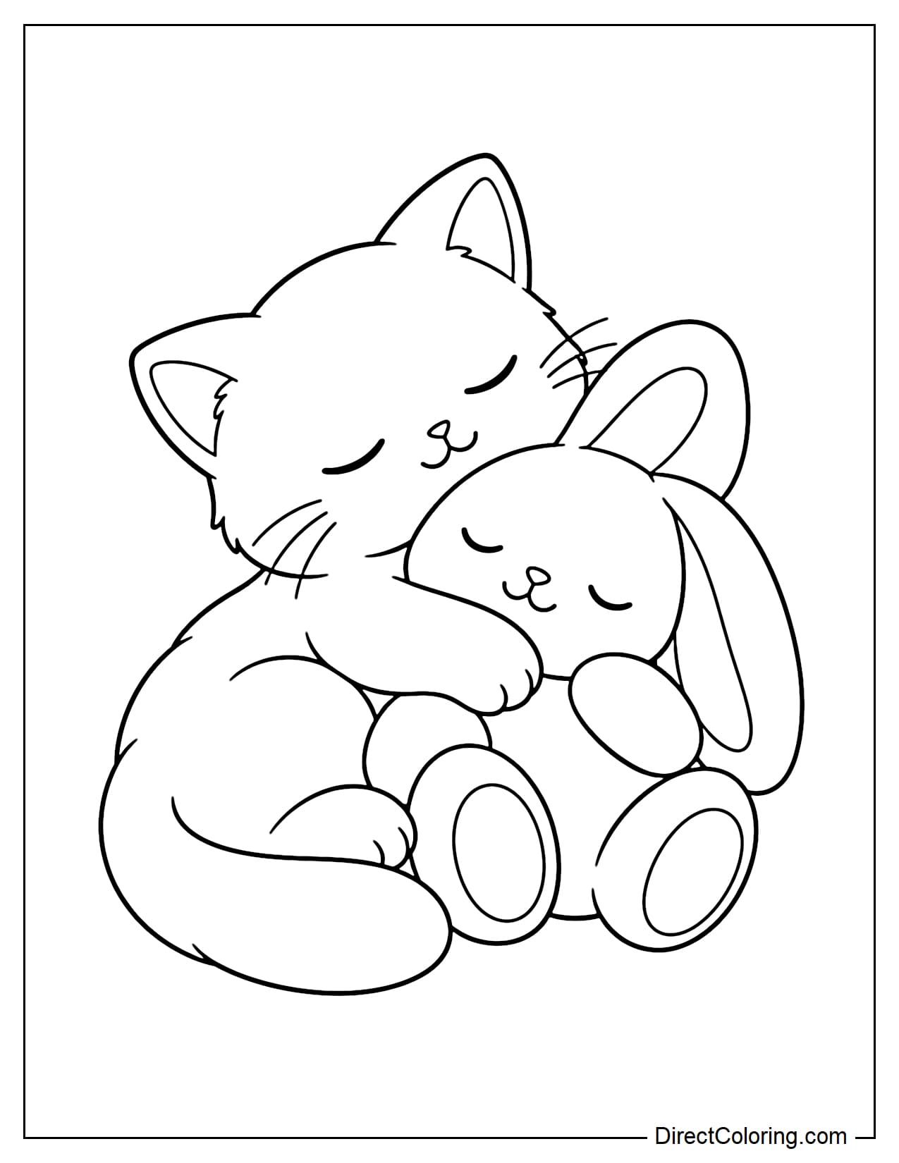A sleepy kitten cuddles a large plush bunny with both front paws, gently resting its head against the bunny.