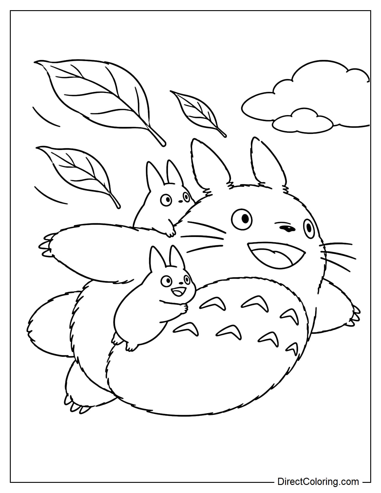 Totoro flies through the air with his body leaning slightly forward while two small Totoros hold tightly to his belly and shoulder.