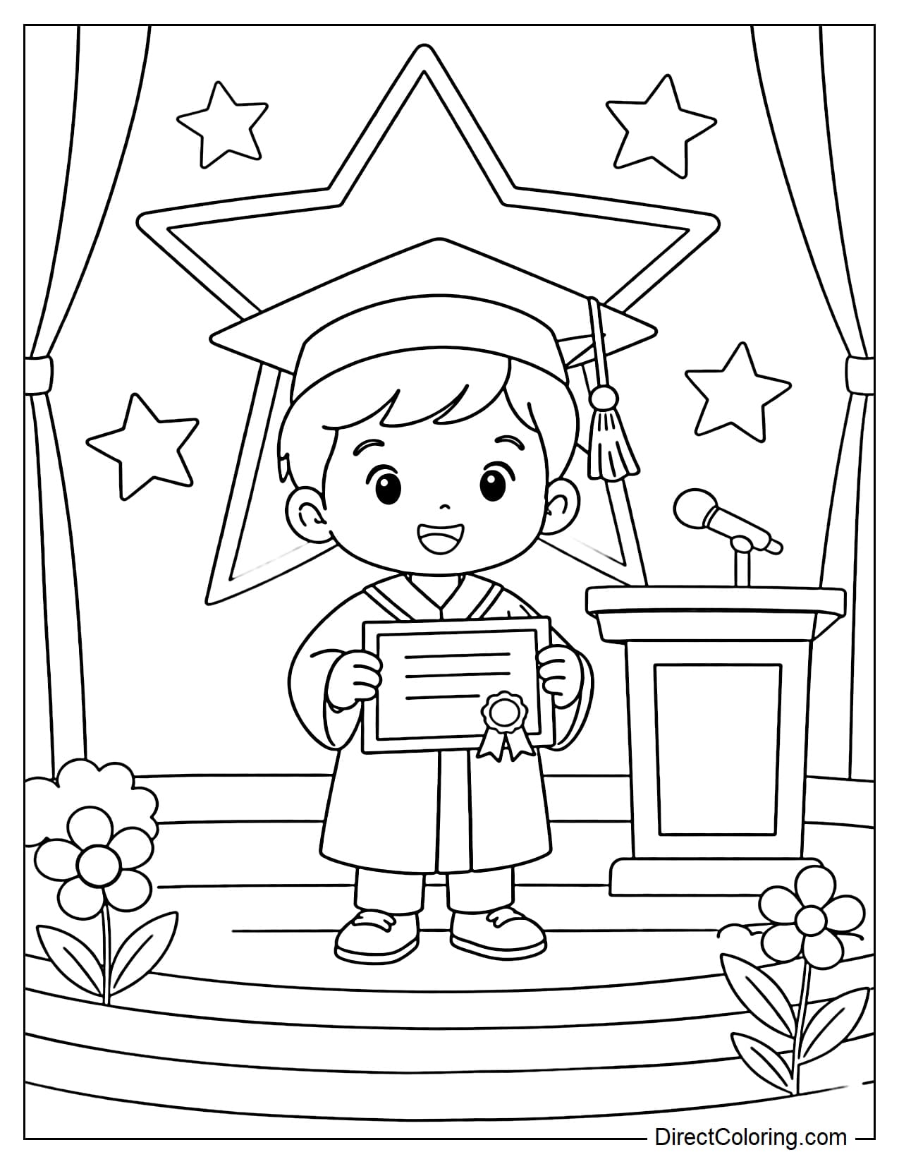 A boy is standing on stage receiving his diploma, with a simple platform behind him and a few details such as a large star.