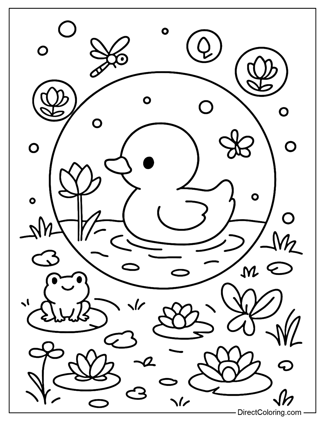 A large soap bubble coloring page with a cute duckling swimming happily in the water. Outside the bubble is a romantic lake scene with large lotus leaves and blooming water lilies.