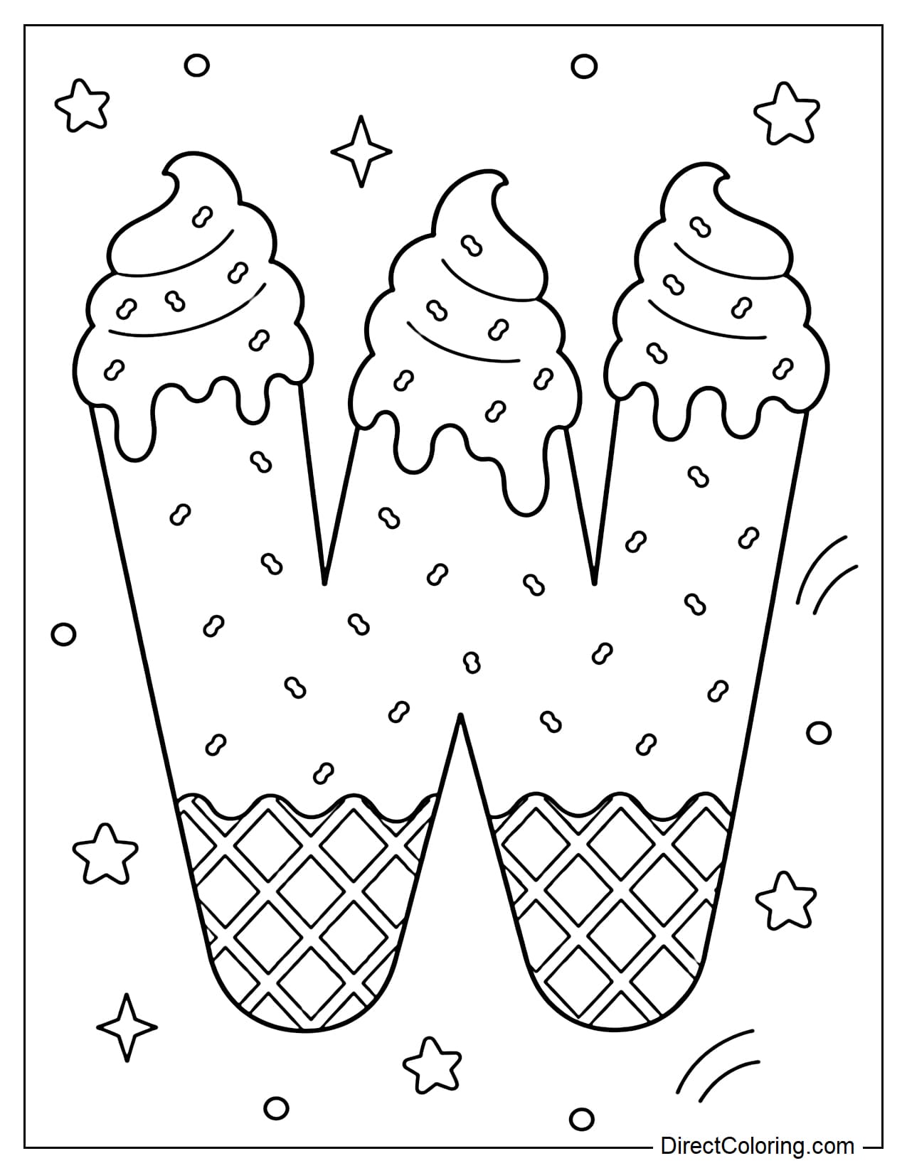 A large, bubble-shaped capital letter W made from soft-serve ice cream, with a lightly melted cream topping, sprinkles scattered throughout, and a waffle-like texture at the base. Surrounding it are a few small stars and dots.