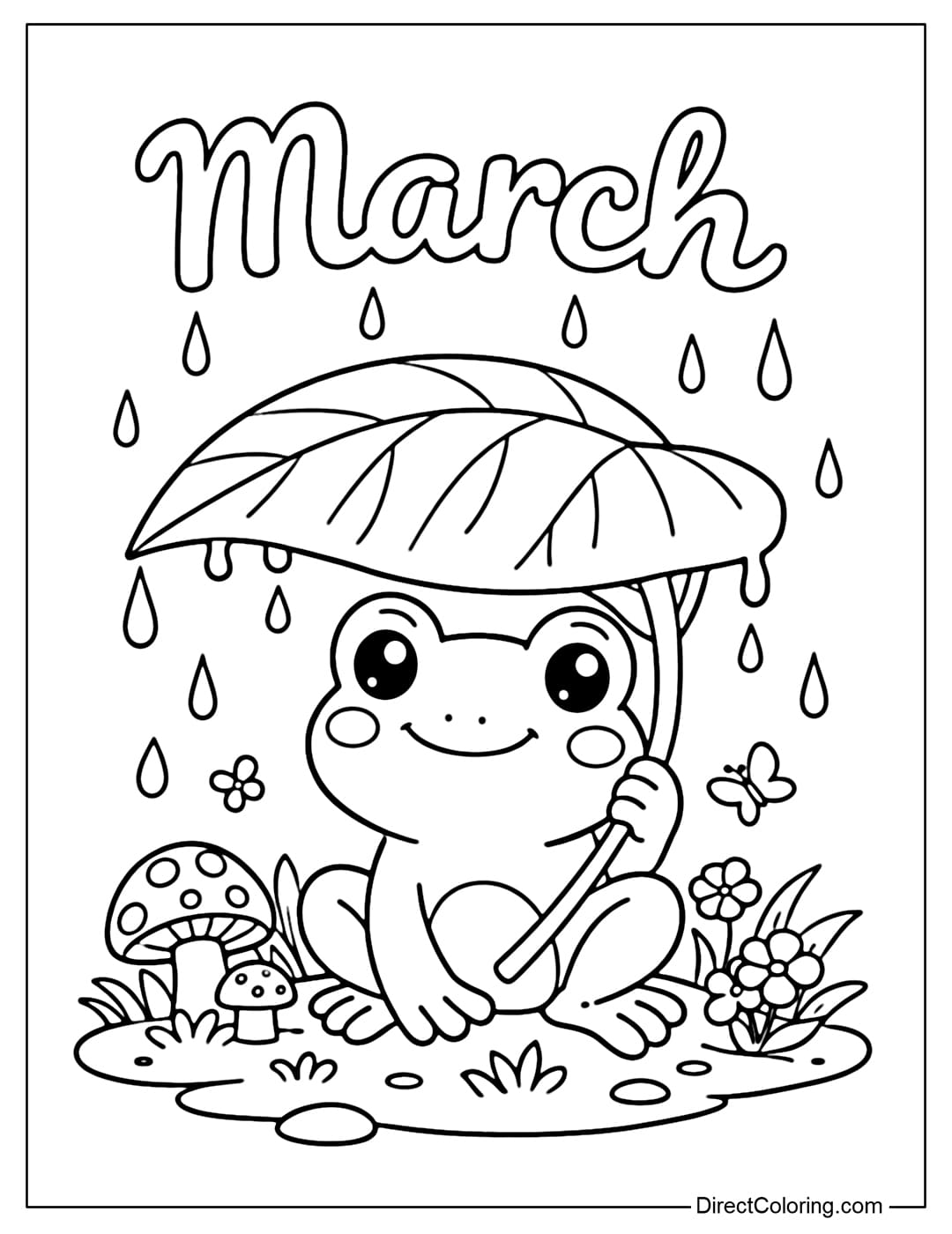 A coloring page of a cute frog sheltering from the rain under a large leaf, with the word 