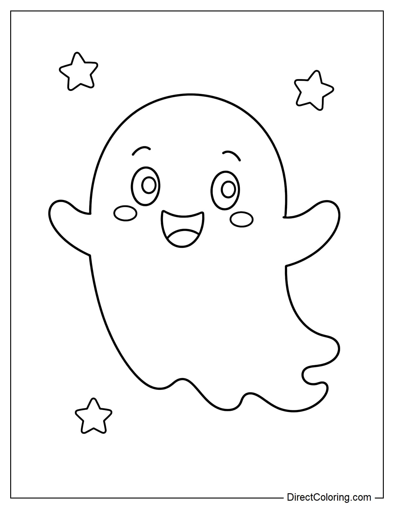 A large, round ghost floats gently in the air with its arms slightly stretched out and a cheerful expression, surrounded by a few small stars.