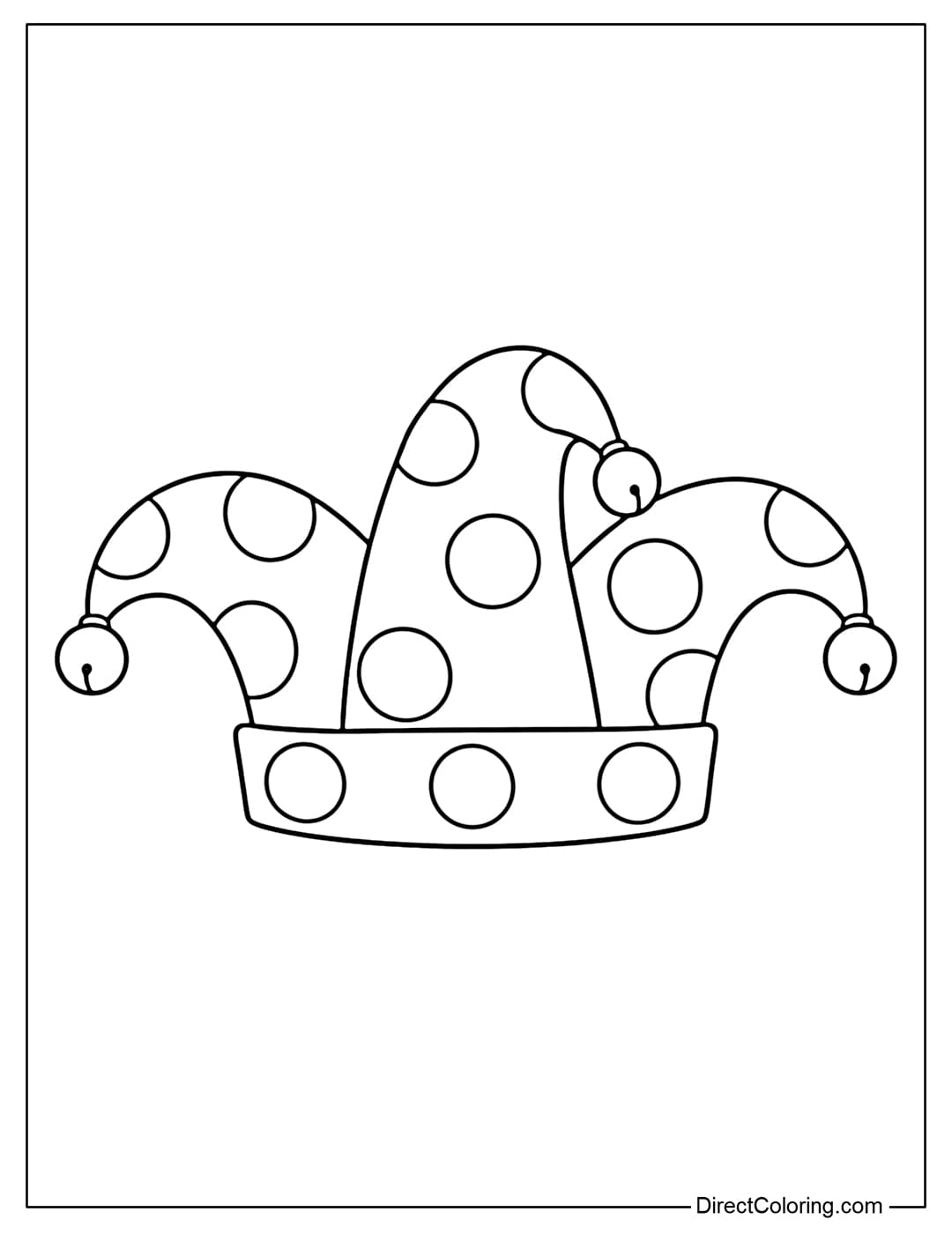 A coloring page of a Mardi Gras jester hat with three small round bells.