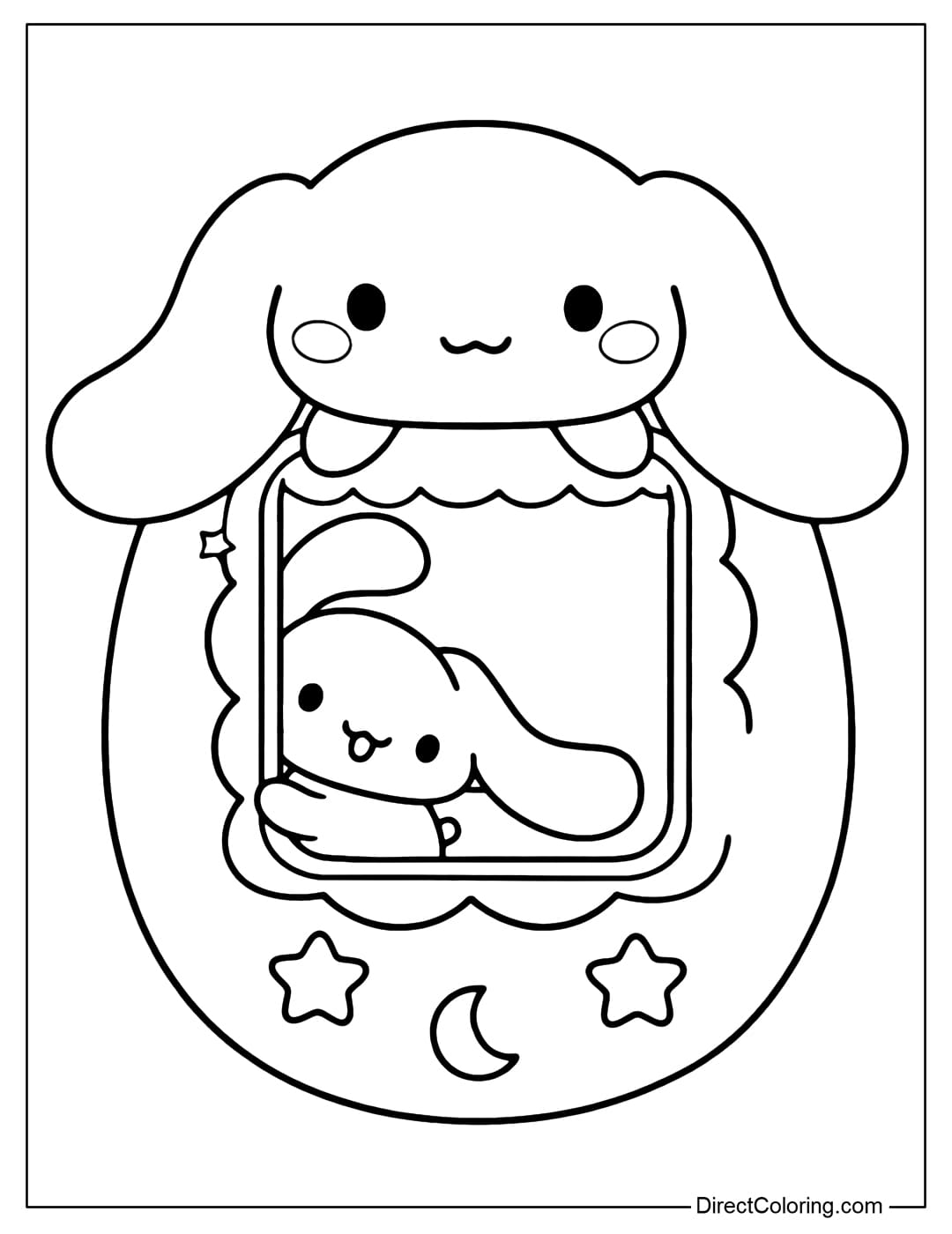 A coloring page featuring Cinnamoroll hugging a handheld game console (Tamagotchi type), with a small Cinnamoroll waving on the screen.