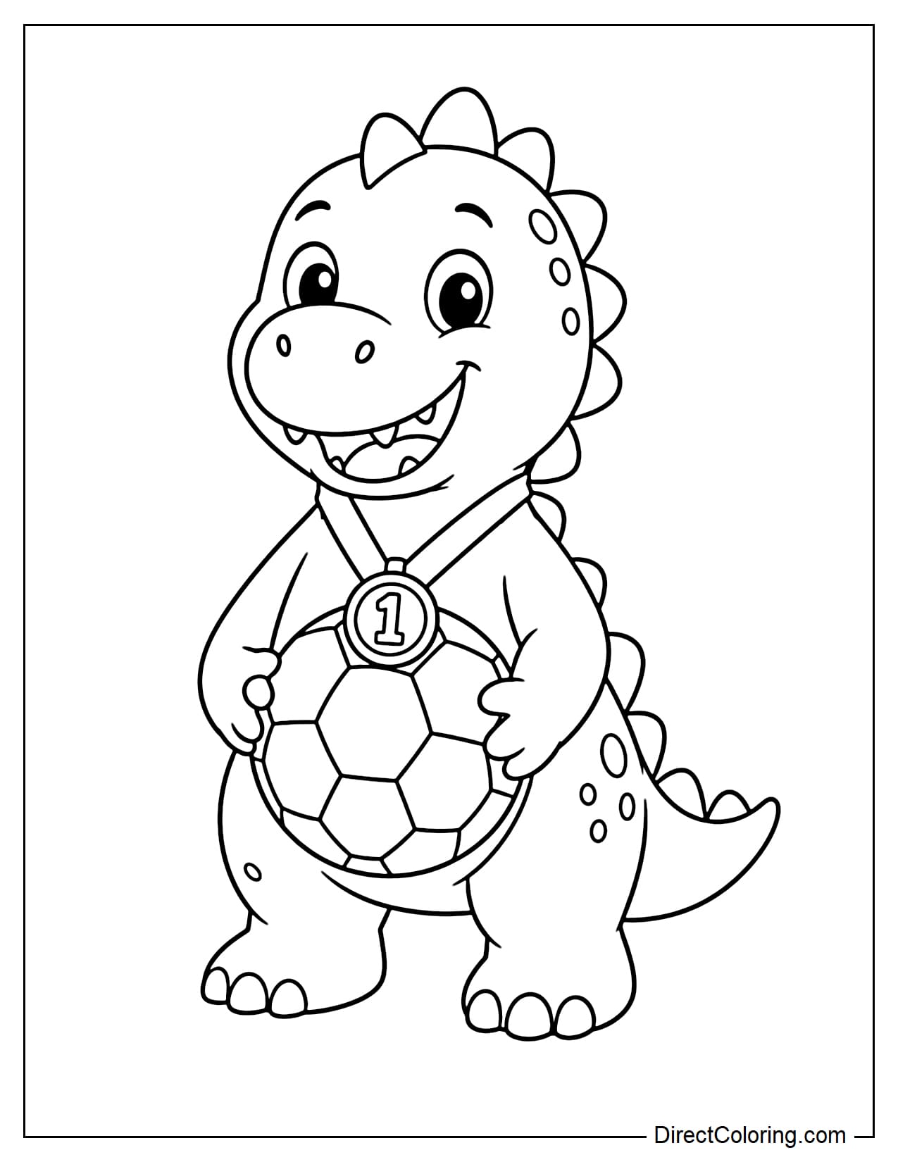 An adorable dinosaur wearing a championship medal and holding a large soccer ball in front of its belly.