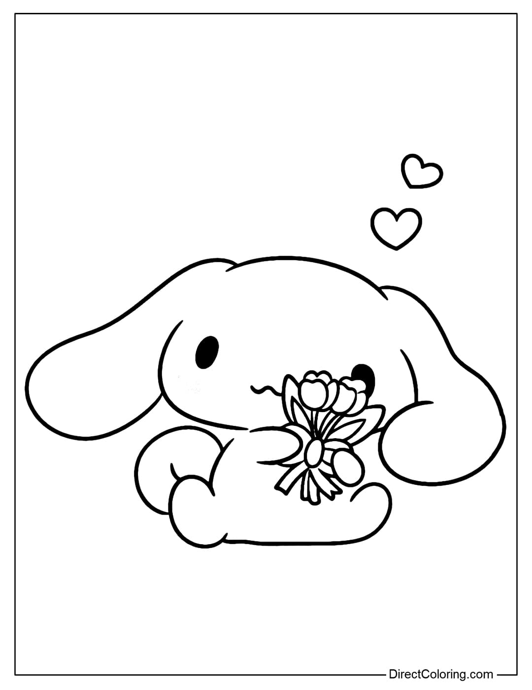 Cinnamamoroll is a coloring page featuring Cinnamoroll holding a small bouquet of flowers, with flying hearts on top.