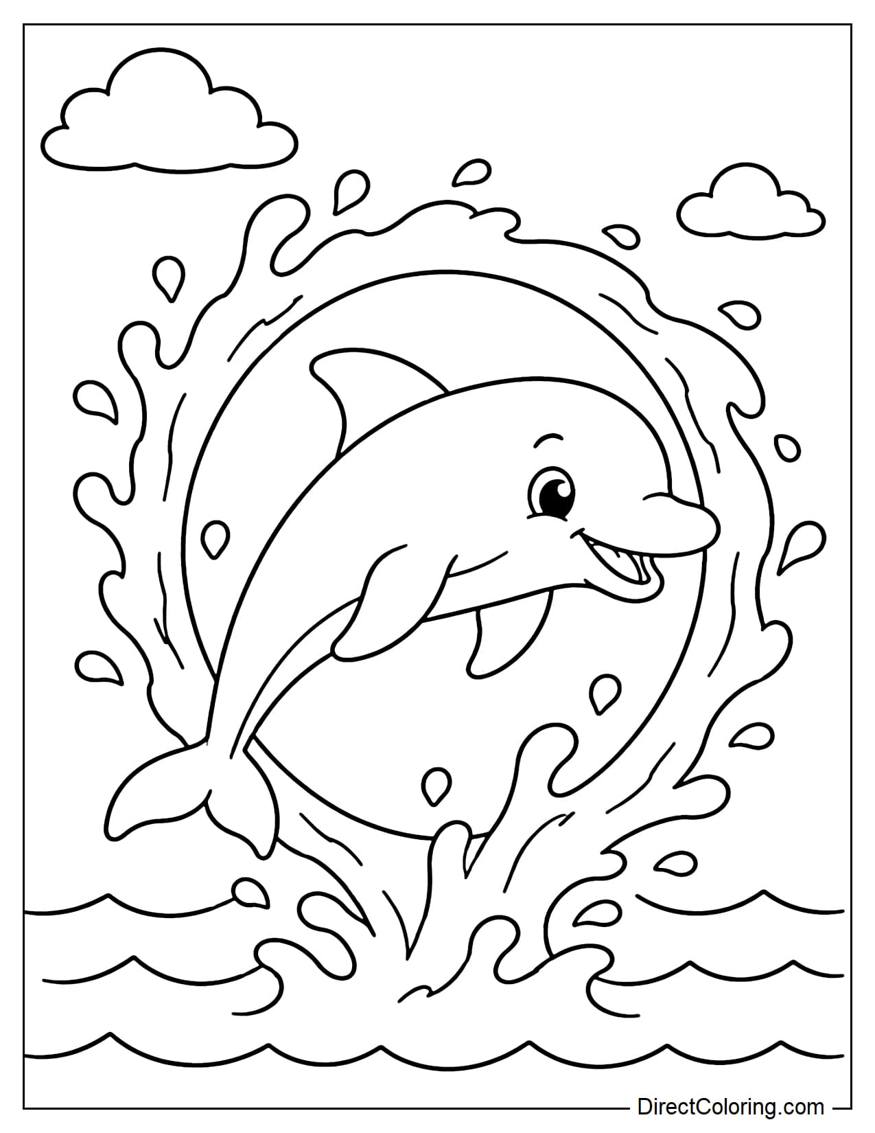 A dolphin makes a powerful leap through a large ring of water in the middle of the ocean.