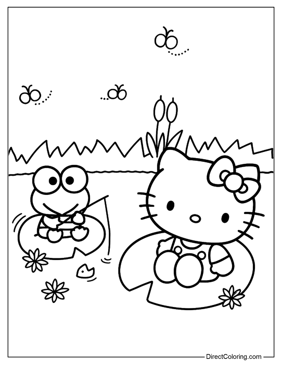 Keroppi and Hello Kitty Fishing Coloring Page