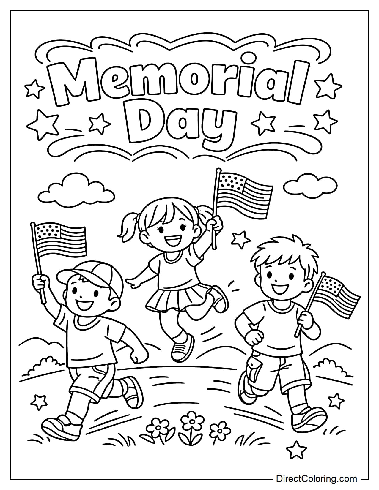 The children ran happily and held the American flag, with the large outline 