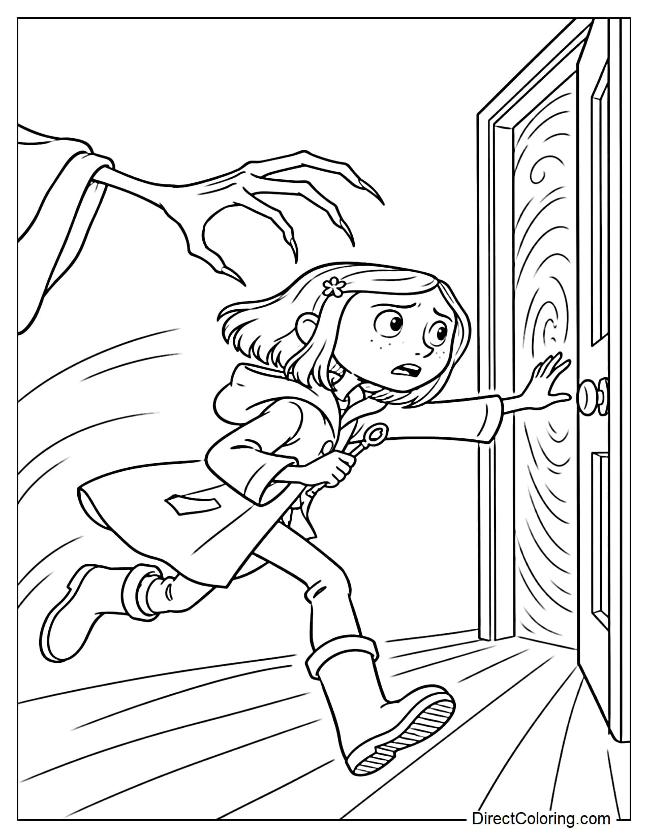 Coraline runs toward an open secret door, holding the key in one hand and reaching for the doorway with the other, while Other Mother’s long hand reaches toward her from behind.