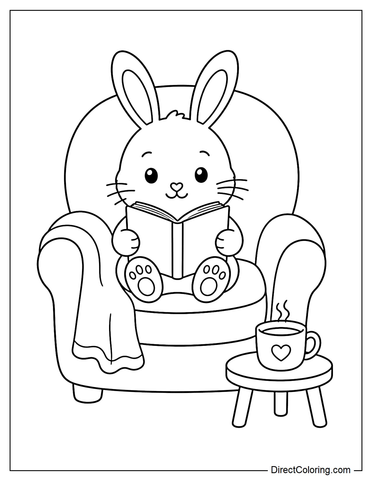 A rabbit sits deep in a round cozy armchair, holding an open book with both paws. A small blanket hangs over the side of the chair, and a hot drink rests on a low table nearby.