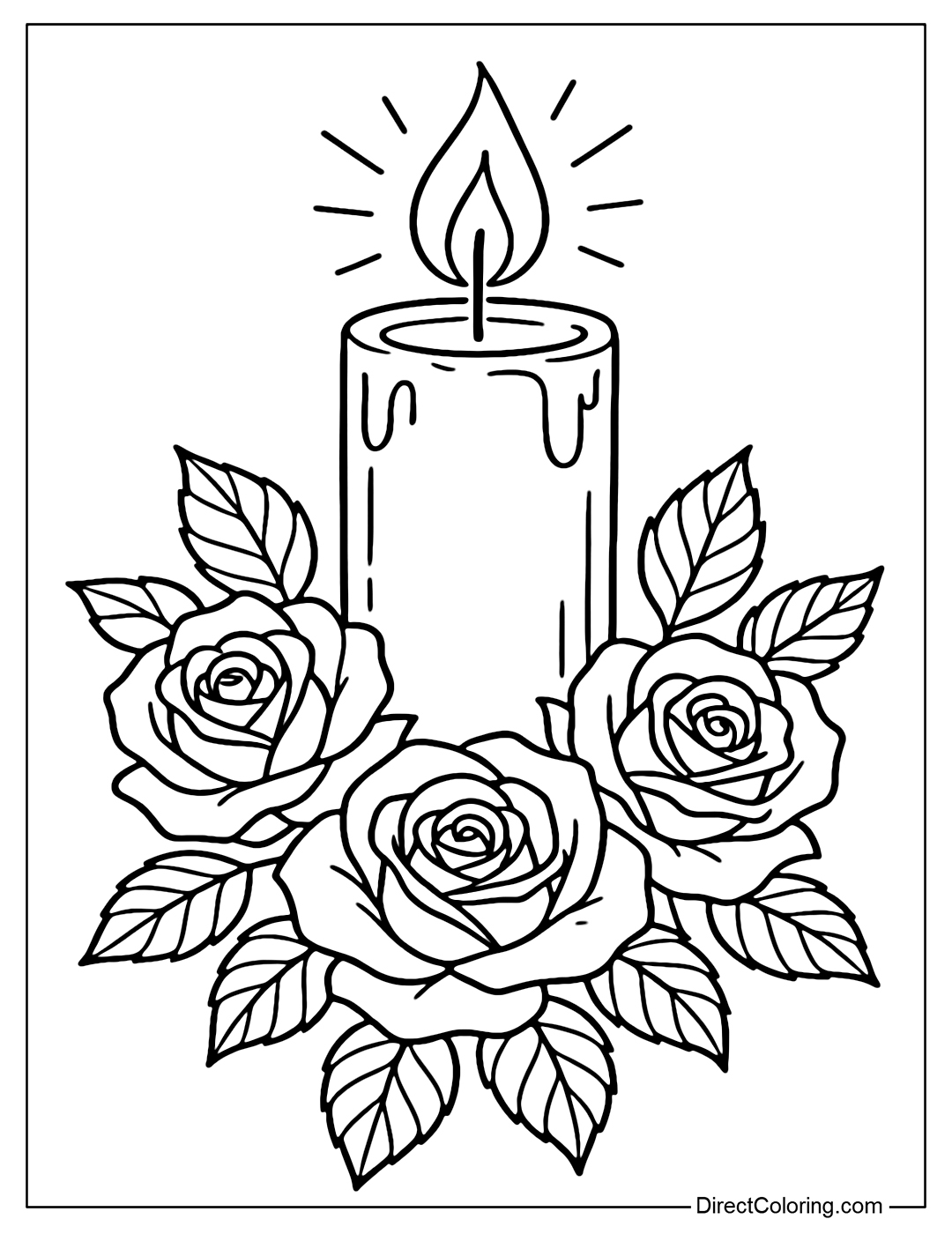 Coloring page of a lit candle, surrounded by a wreath of roses, symbolizing remembrance.