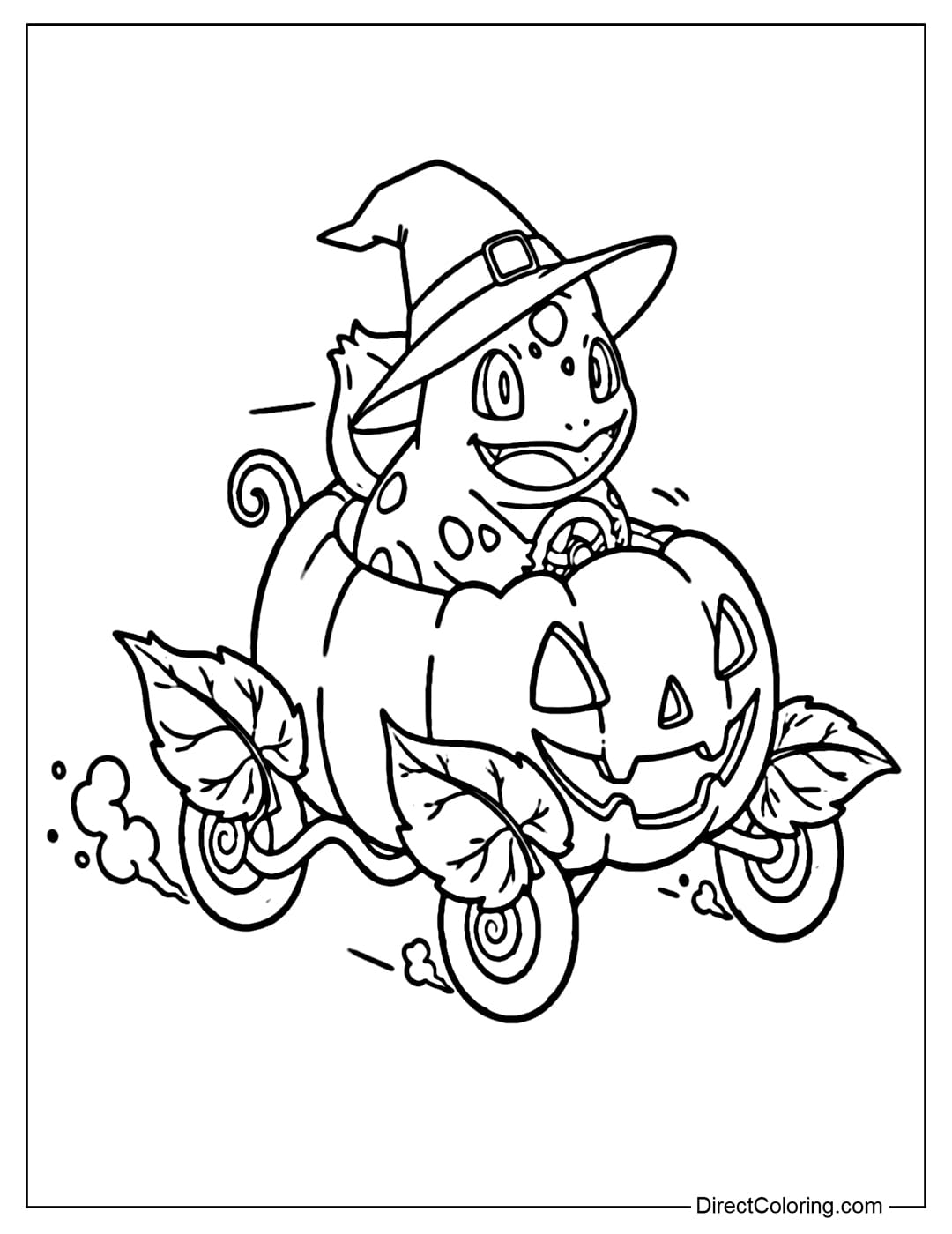 Coloring page Bulbasaur is driving a small pumpkin car shaped like a Jack-o'-lantern, with leaves and vines on its wheels.