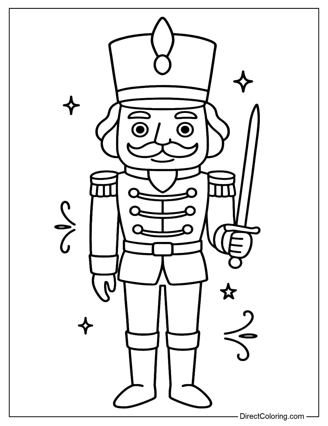 Nutcracker soldier coloring page standing solemnly, wearing military uniform, holding a small sword upright.