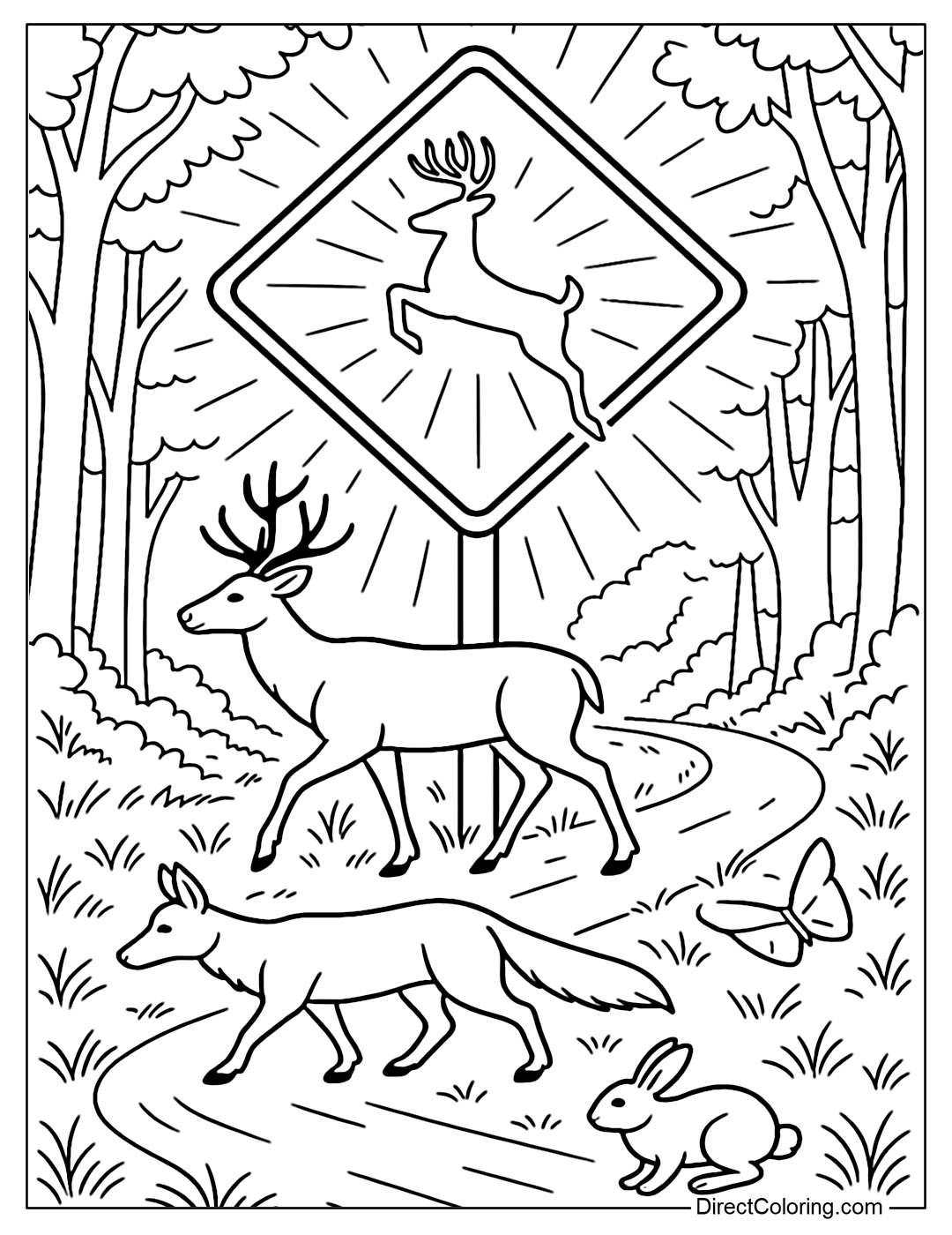 Animal Crossing Sign Coloring Page, the road cuts through the forest with deer, foxes, rabbits gently walking across, surrounded by the light emitted from the sign as if protecting the creatures.