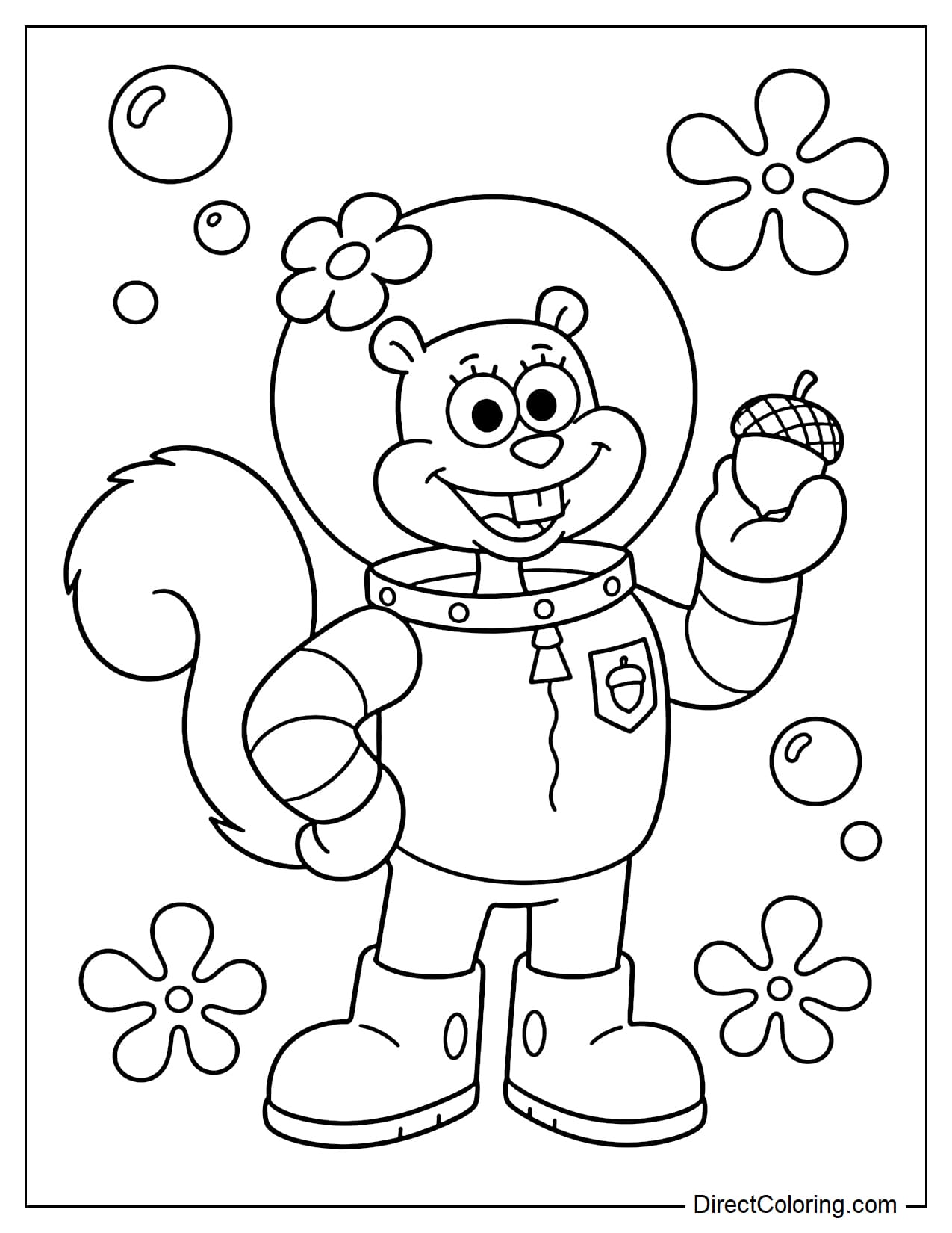 Sandy is holding a small acorn with a friendly smile, surrounded by bubbles and sea flowers.