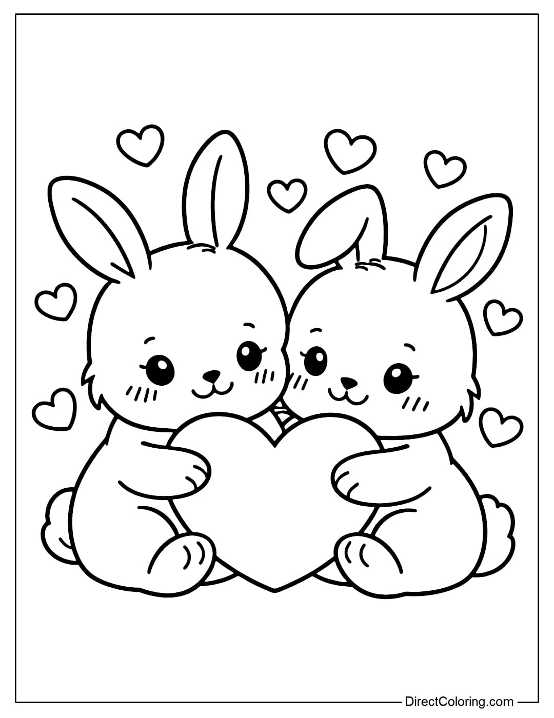 A coloring page featuring two cute bunnies hugging a large heart, surrounded by smaller hearts flying up.
