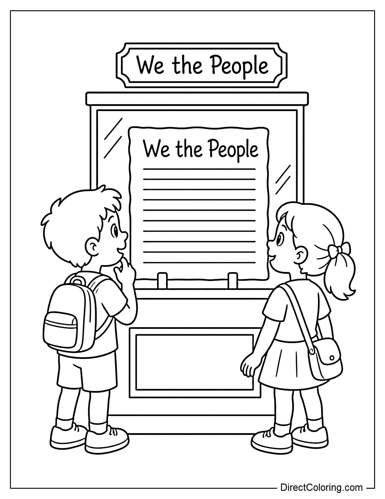 Two children standing in front of a museum display case and looking at the U.S. Constitution inside, with the words 