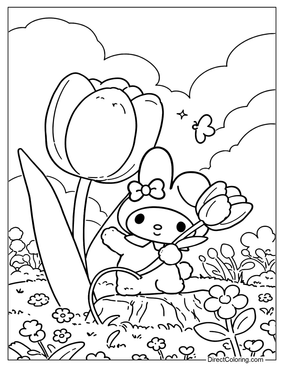 My Melody is standing in a spring garden, holding a tulip bigger than herself.