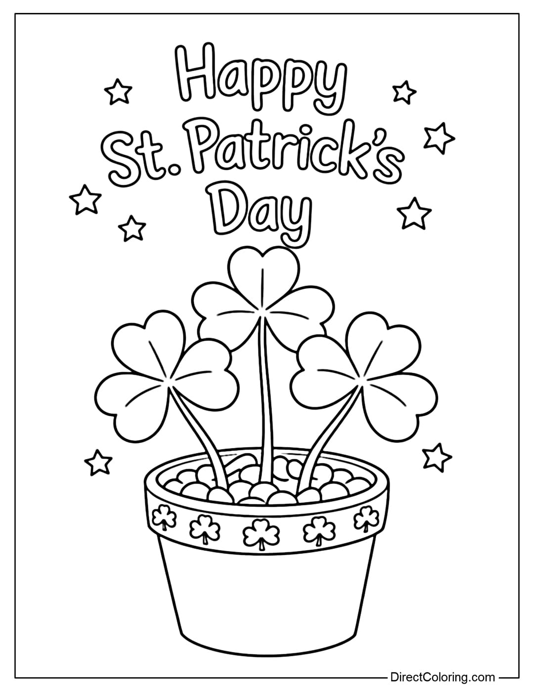 Coloring page for a large shamrock pot with three lucky clover branches, the words 