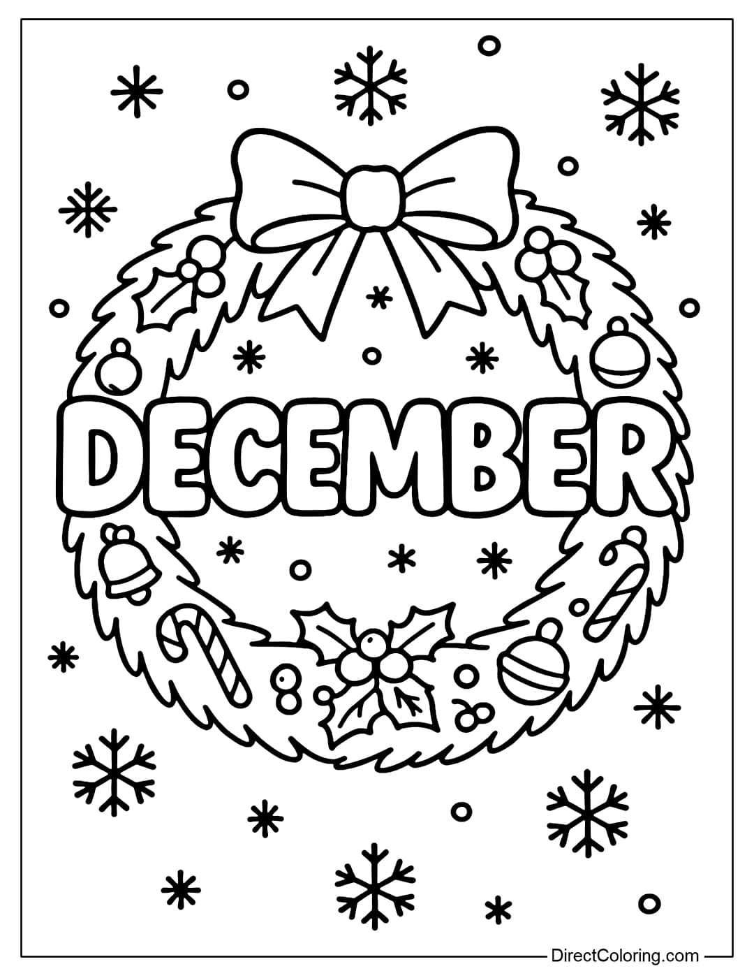 Coloring page of the word DECEMBER in the middle of a Christmas wreath interwoven with holly leaves and small round berries.
