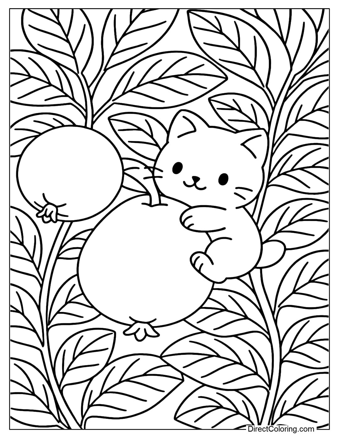 A giant guava garden coloring page. Round green fruit fills the frame, thick green leaves are shiny. A tiny cat is hugging the fruit and climbing up, looking gentle.