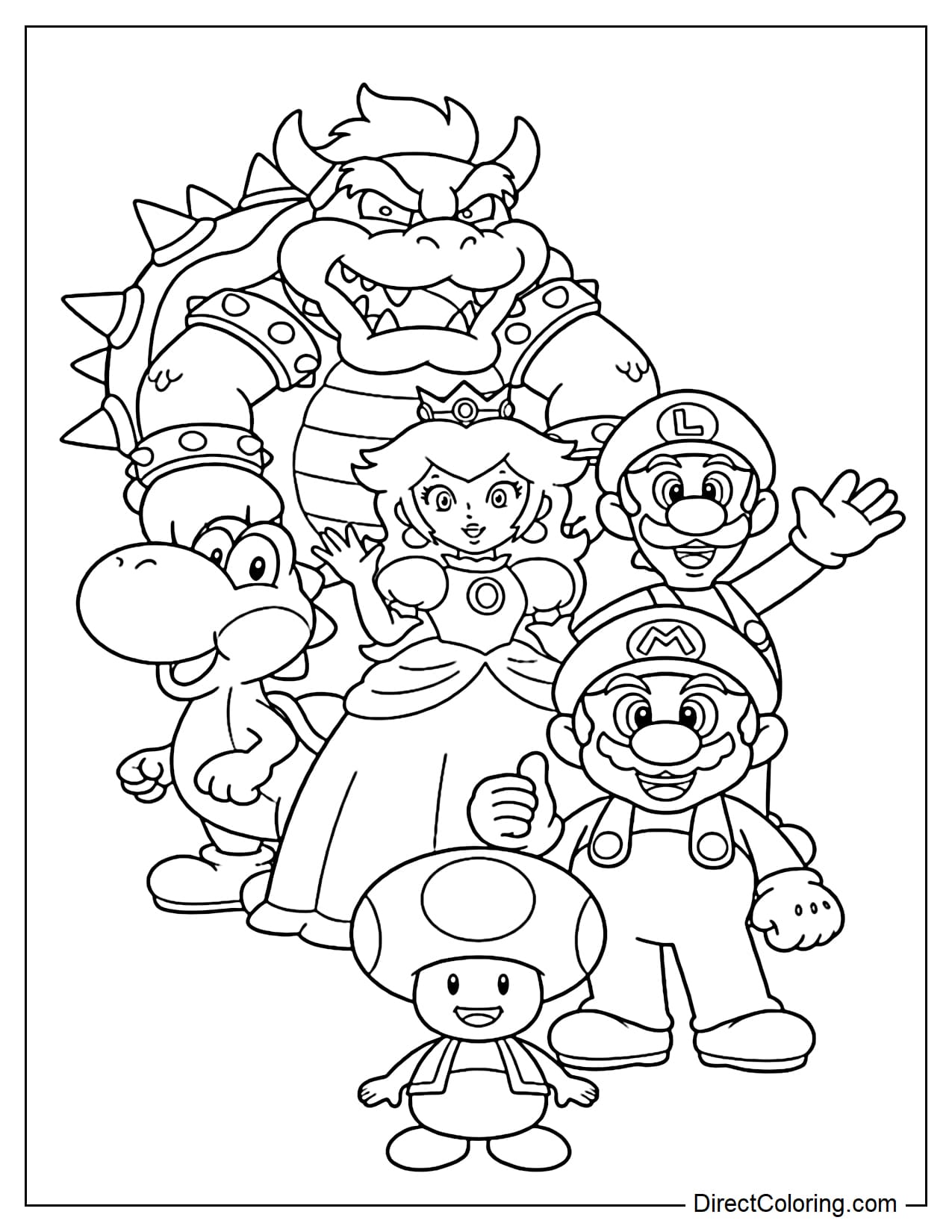 Mario, Luigi, Peach, Toad, Yoshi, and Bowser appear together in a neat group-photo style composition.