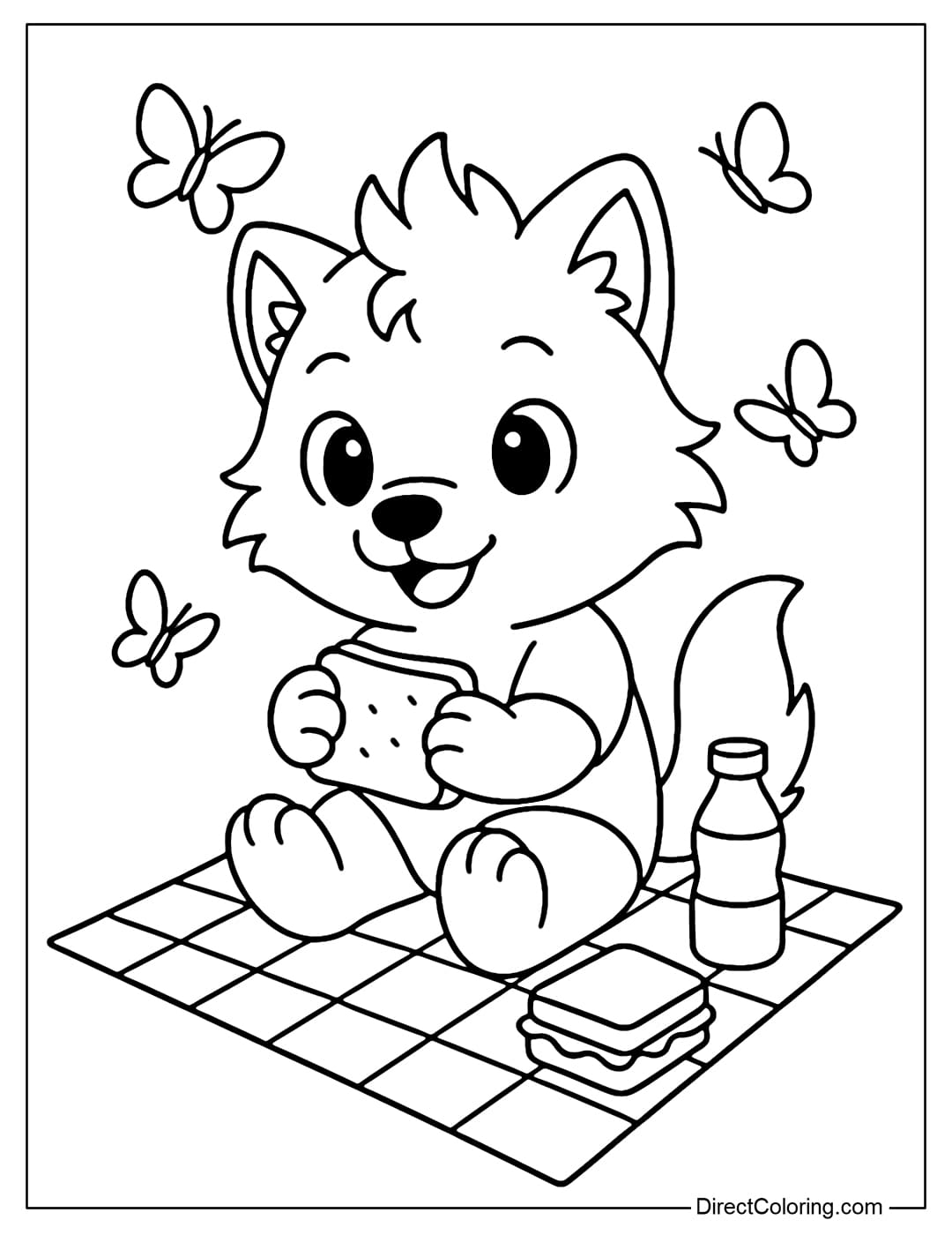 A coloring page of a little werewolf going on a picnic, spreading a blanket, with sandwiches, soft drinks and a few butterflies flying around.