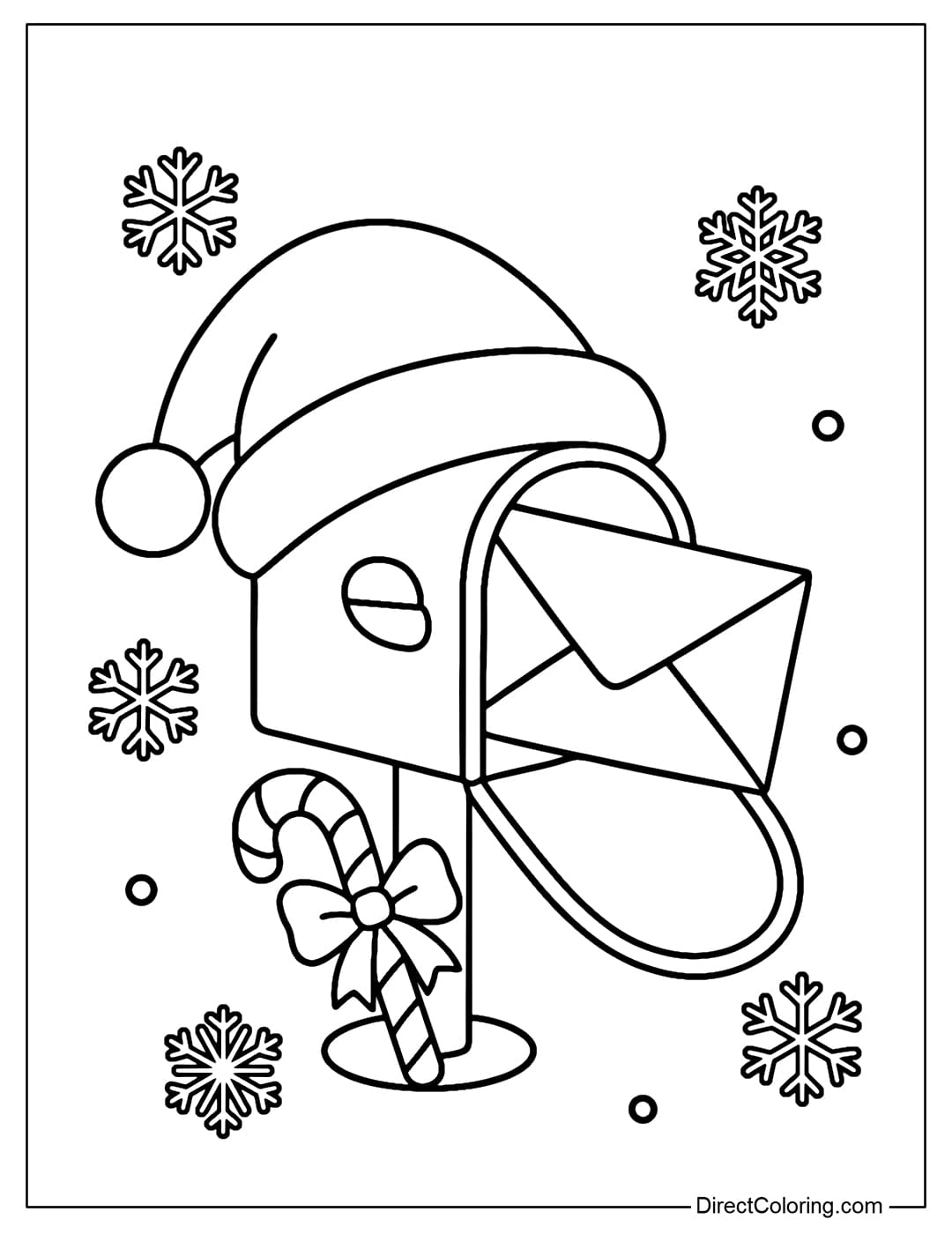 A mailbox coloring page wearing a Santa hat, opened with a large envelope, with a candy cane and a decorative bow
