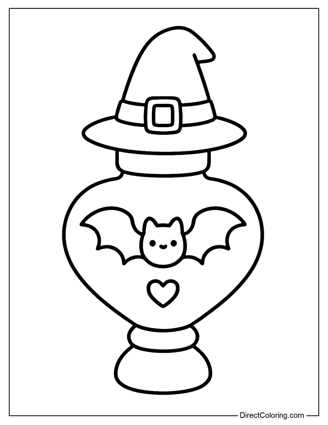 A perfume bottle coloring page with a witch hat-shaped cap and a bat and heart-shaped body.